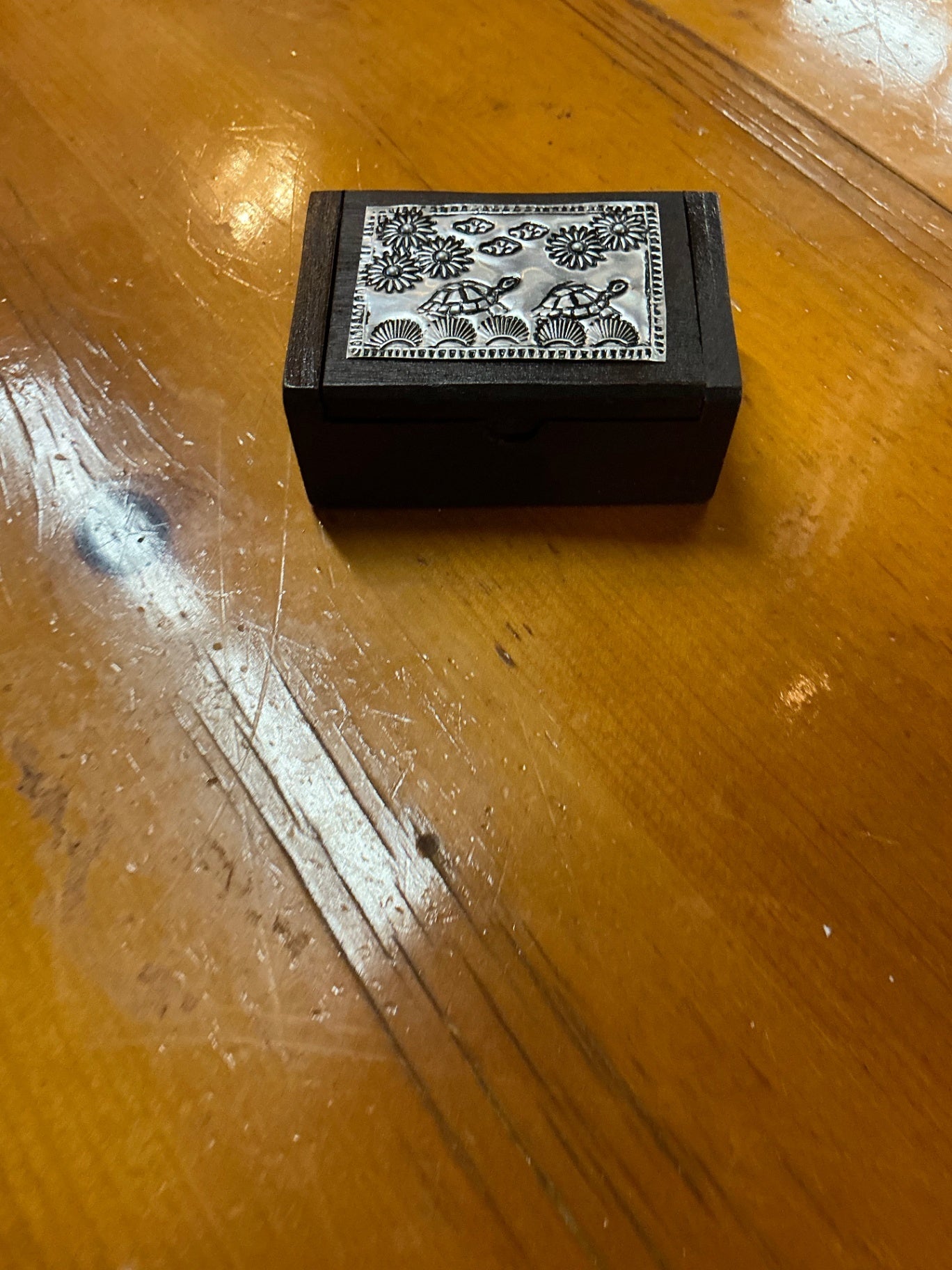 Decorative Jewelry Box, Trinket Box Brown and metallic silver Wood and metal measure 3.5" x 2.5" x 1.5"