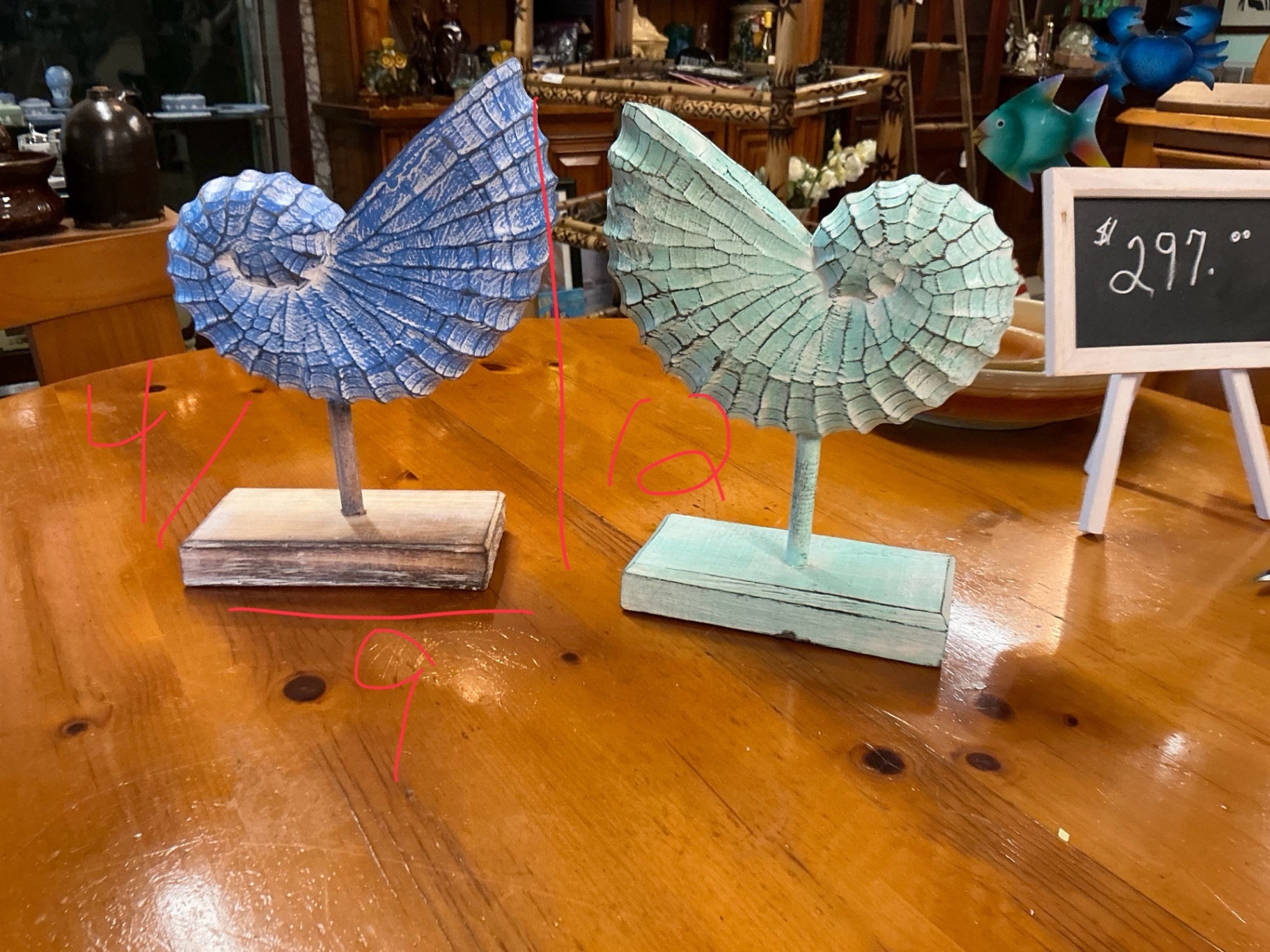 Decorative Nautilus Shell sculpture Blue OR green Wood 12" x 9" X 4"
