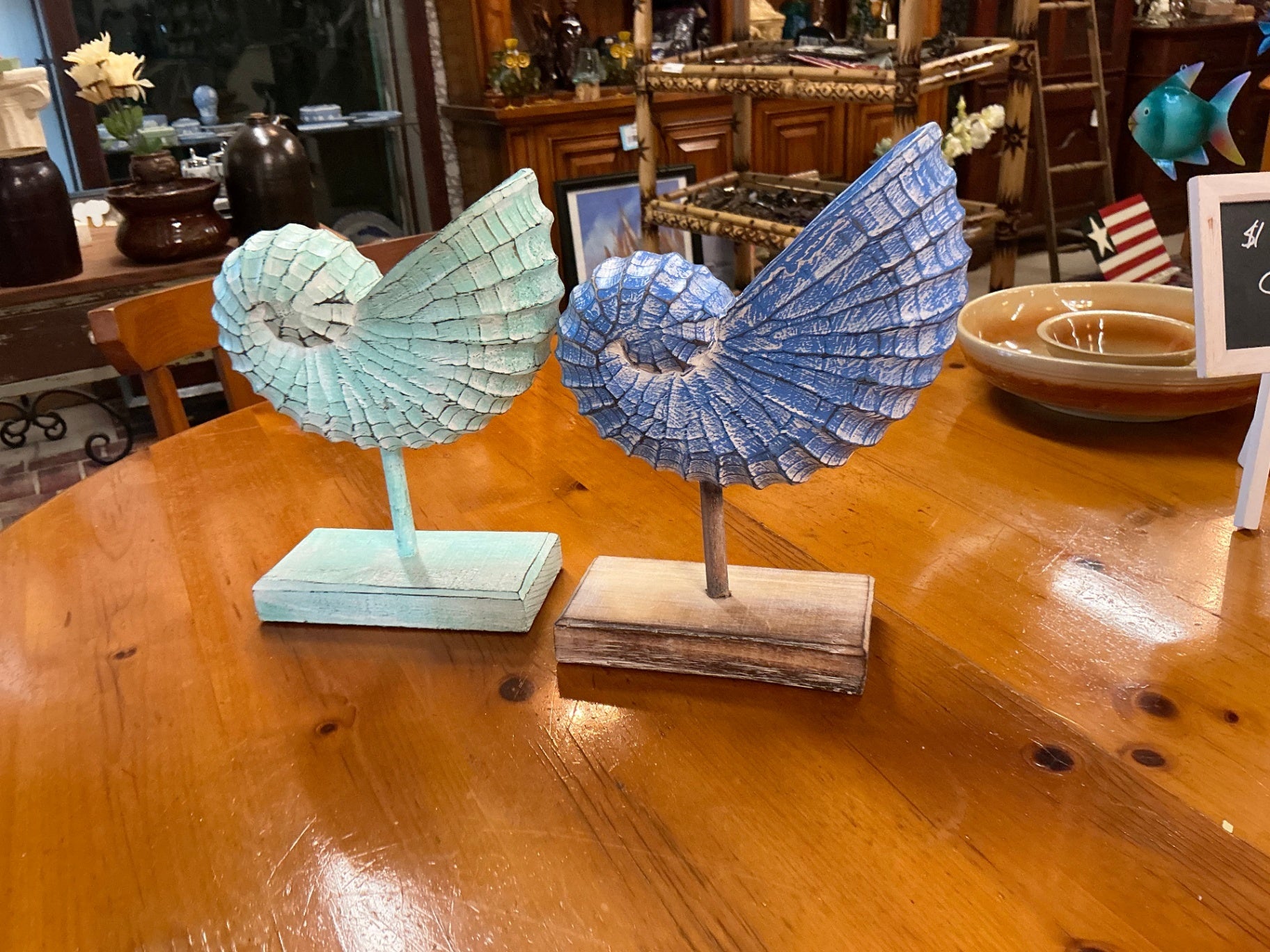 Decorative Nautilus Shell sculpture Blue OR green Wood 12" x 9" X 4"