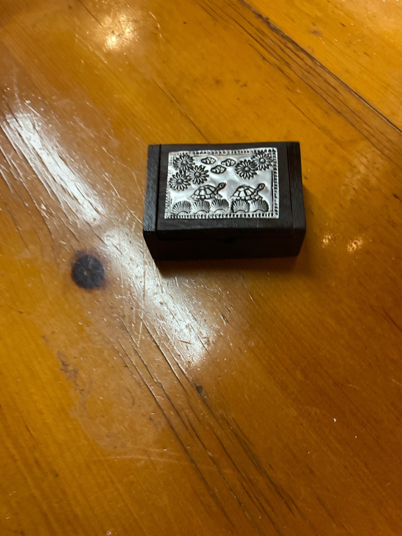 Decorative Jewelry Box, Trinket Box Brown and metallic silver Wood and metal measure 3.5" x 2.5" x 1.5"