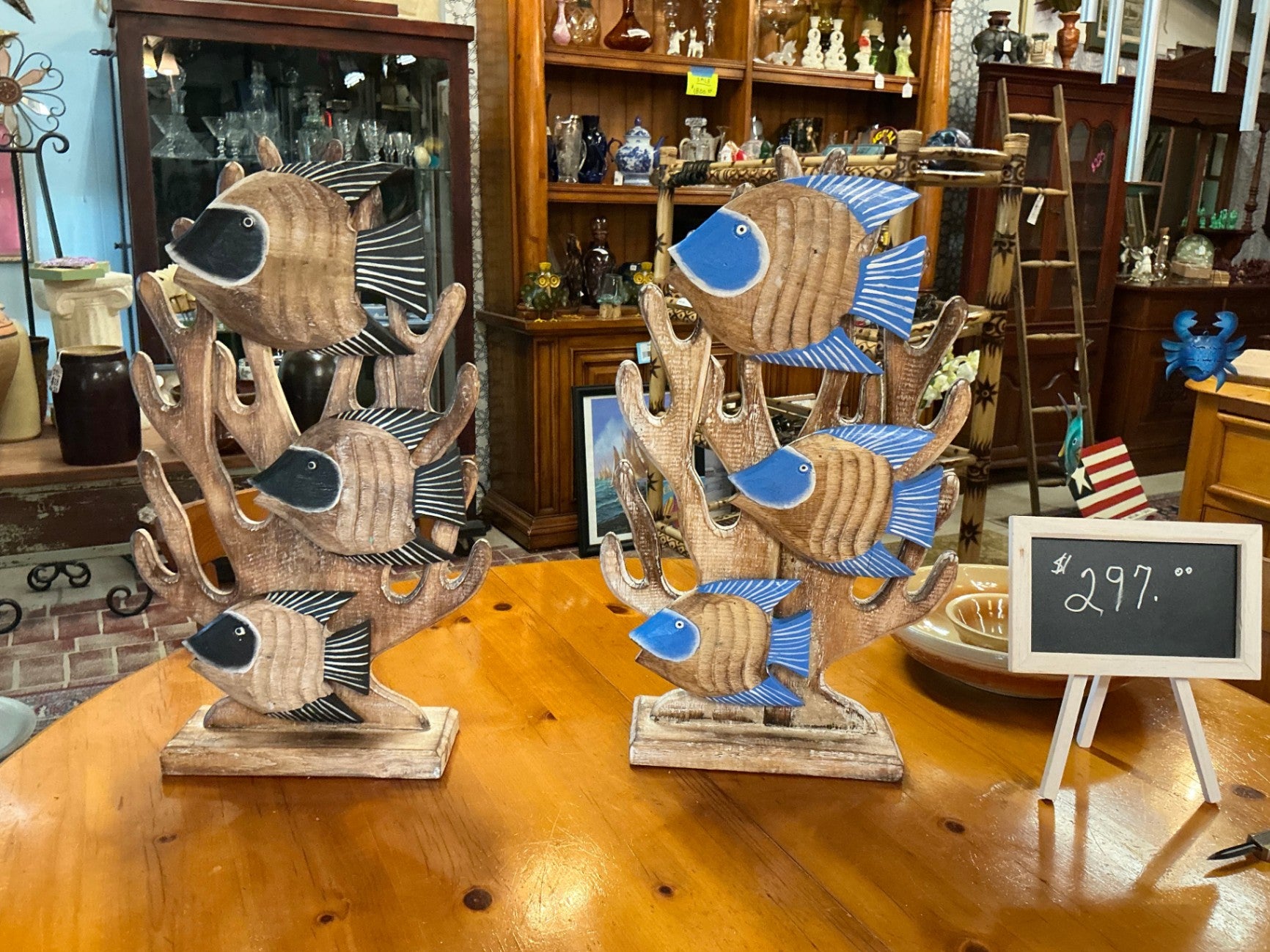 Coral and Fish Decorative sculpture Natural wood tones, blue, black, white Wood and paint