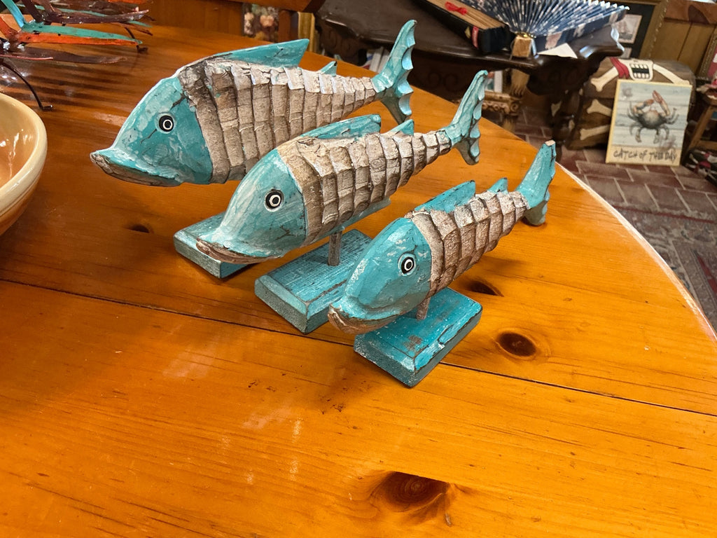 Set Of 3 Decorative Wood Fish Sculpture
