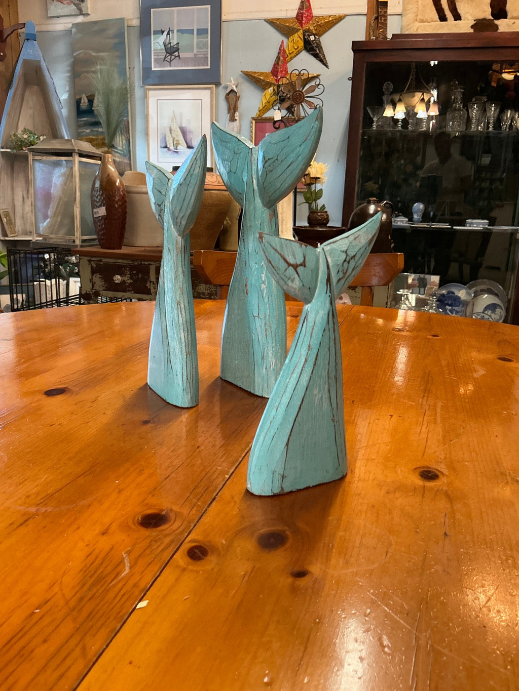 Whales Tail set of Decorative sculpture Turquoise with dark veins Wood