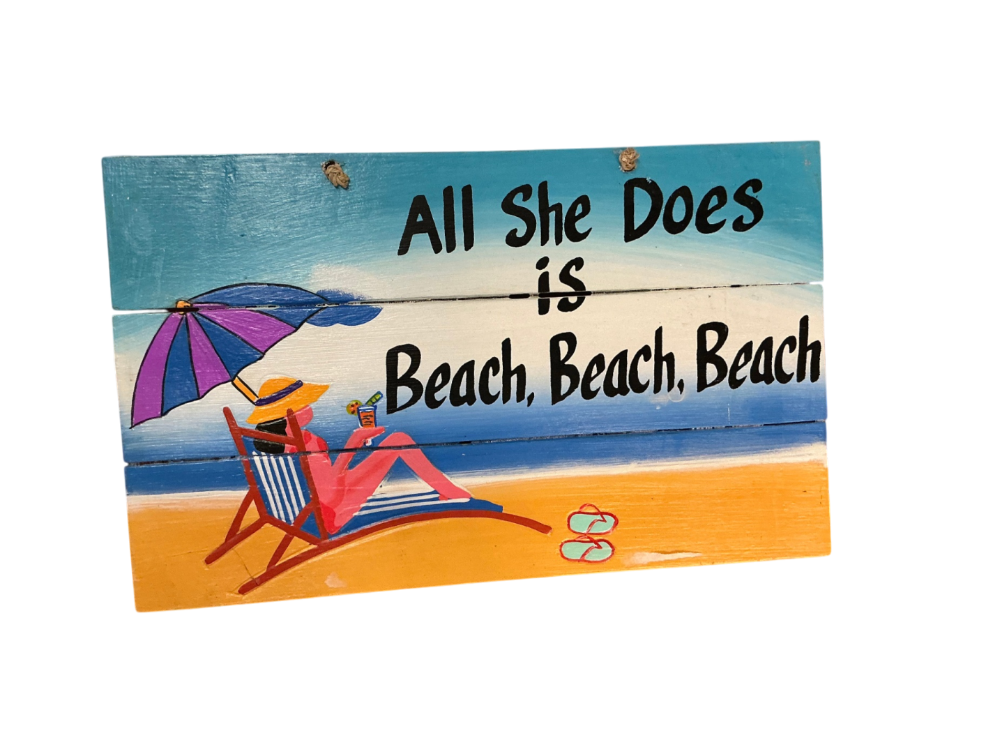 All She Does Is Beach Beach Beach Sign Decorative Wall Hanging Multicolor (blue, purple, orange, pink, yellow, white, black) Wood