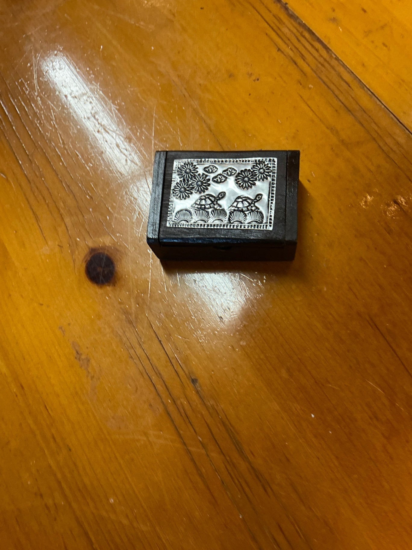 Decorative Jewelry Box, Trinket Box Brown and metallic silver Wood and metal measure 3.5" x 2.5" x 1.5"