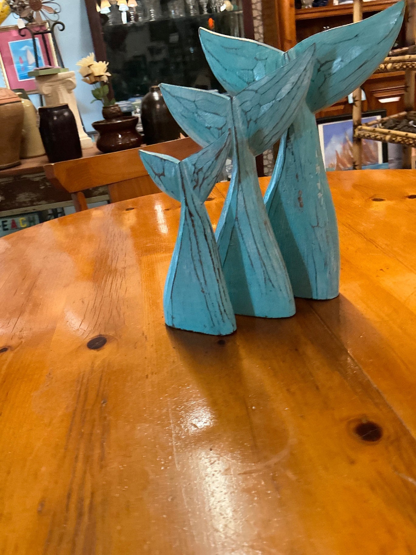 Whales Tail set of Decorative sculpture Turquoise with dark veins Wood