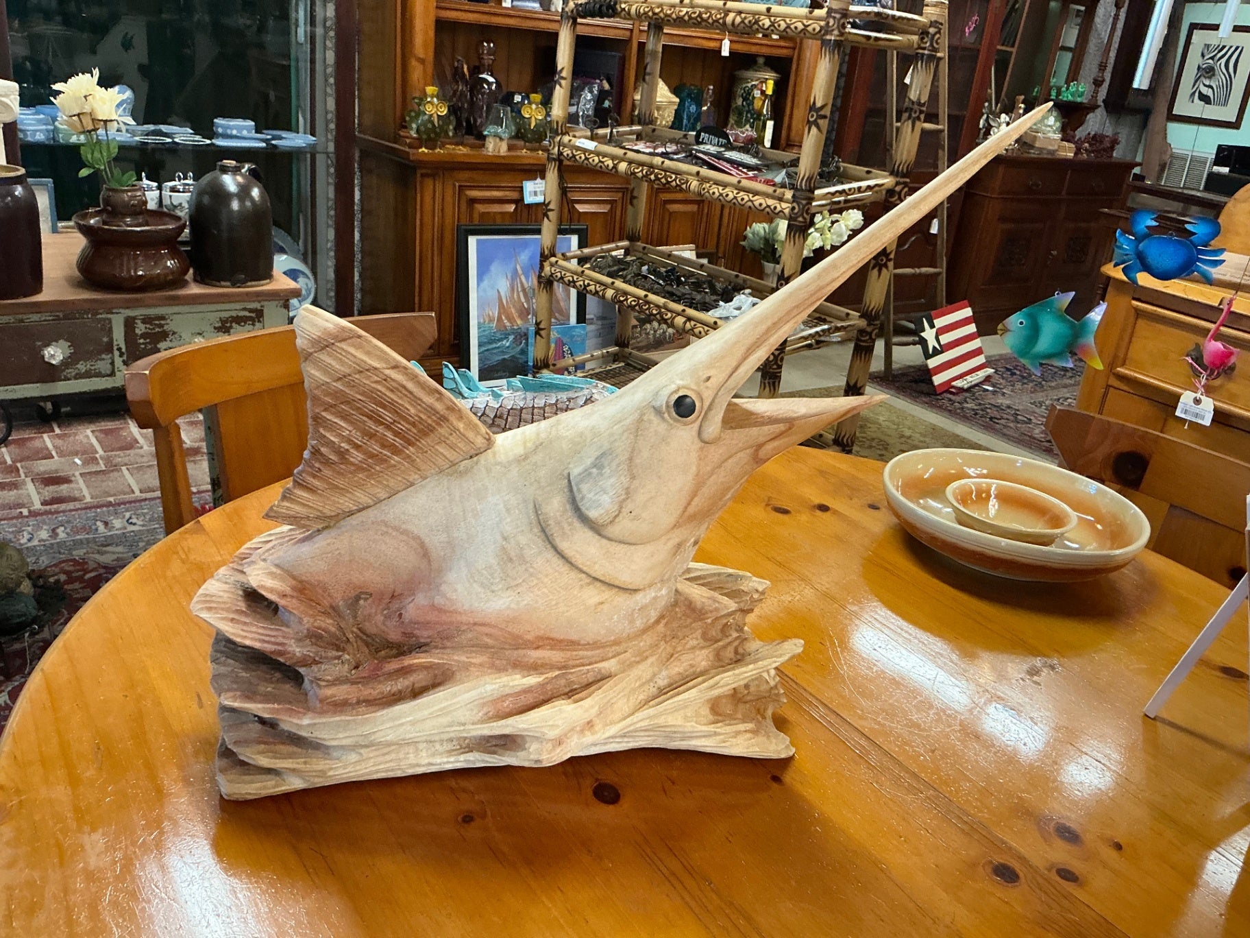 Wood Carved Swordfish Sculpture 24x15.75x12