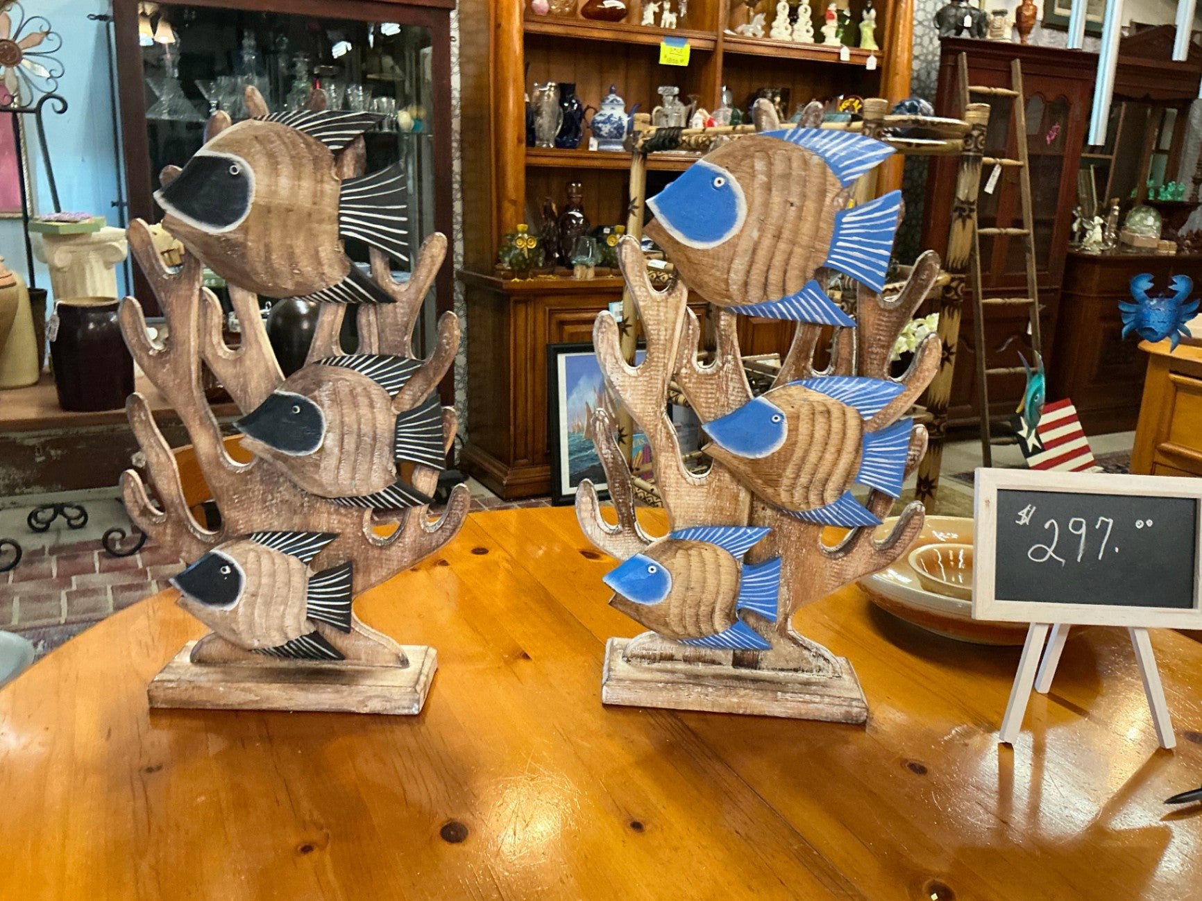 Coral and Fish Decorative sculpture Natural wood tones, blue, black, white Wood and paint