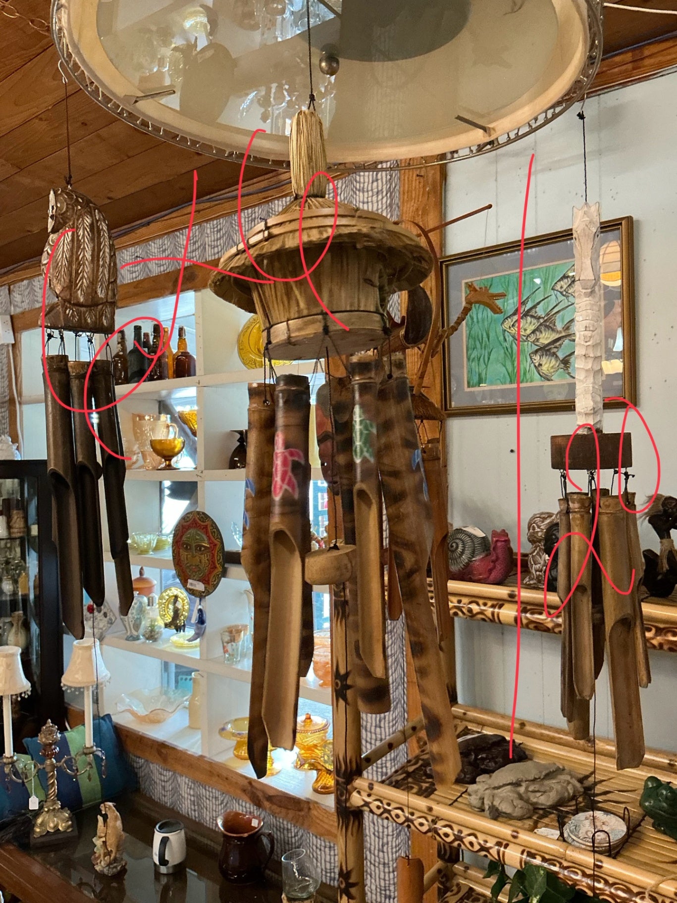 Wind Chime Natural wood tones with painted turtle motifs in pink, green, and blue Wood