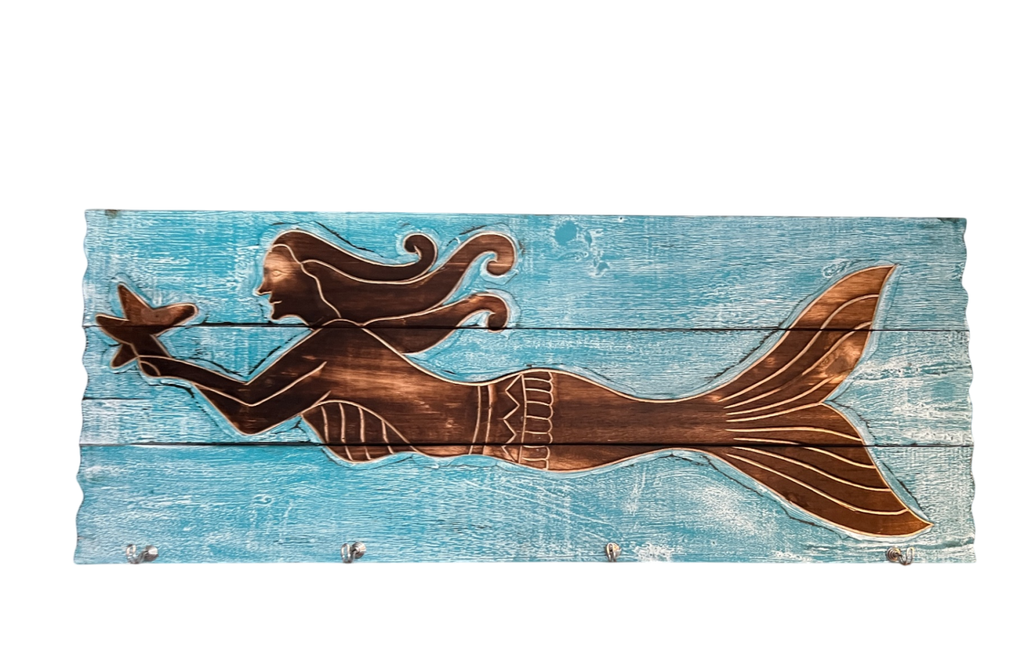 Mermaid Wall Hook Blue and brown Wood