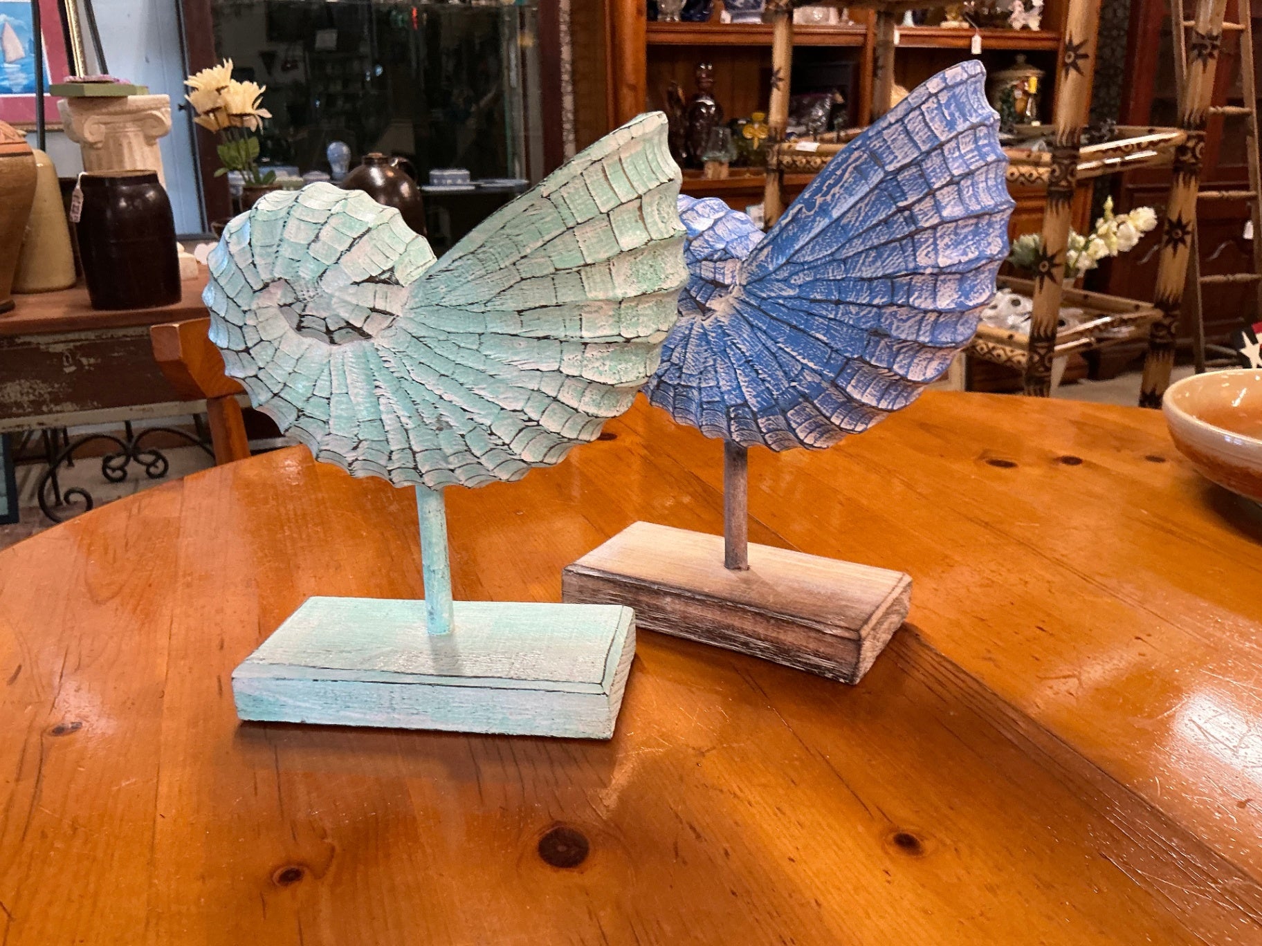Decorative Nautilus Shell sculpture Blue OR green Wood 12" x 9" X 4"