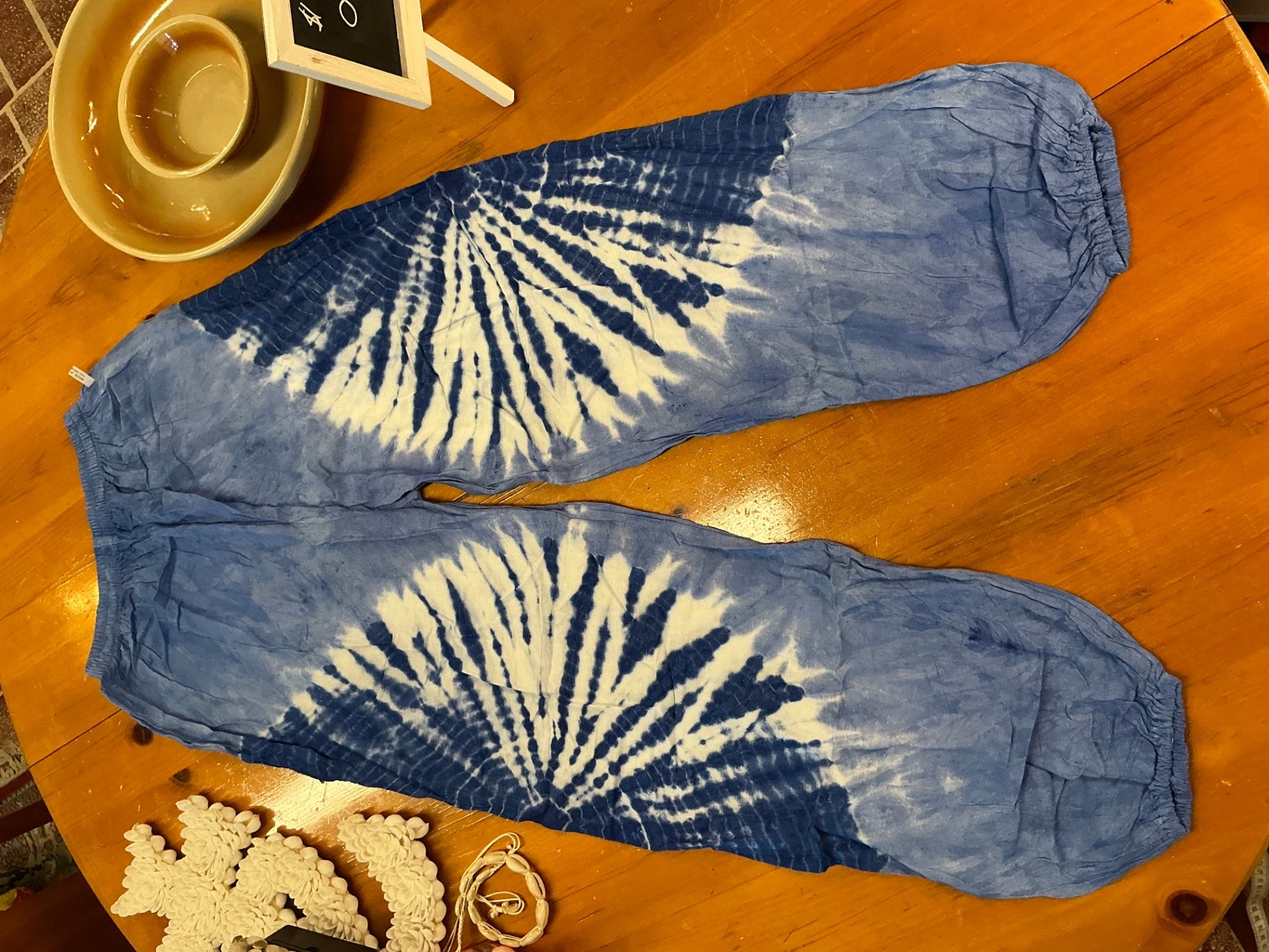 Tie-Dye Pants Blue and White Cotton One Size Fits All