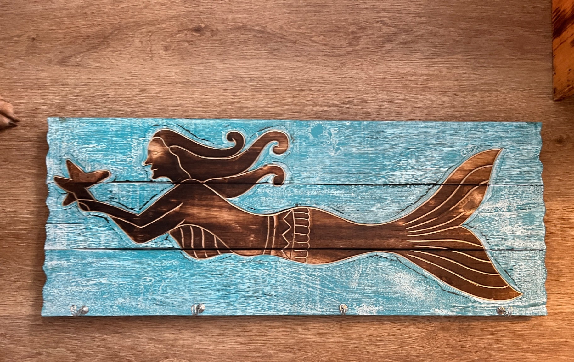 Mermaid Wall Hook Blue and brown Wood