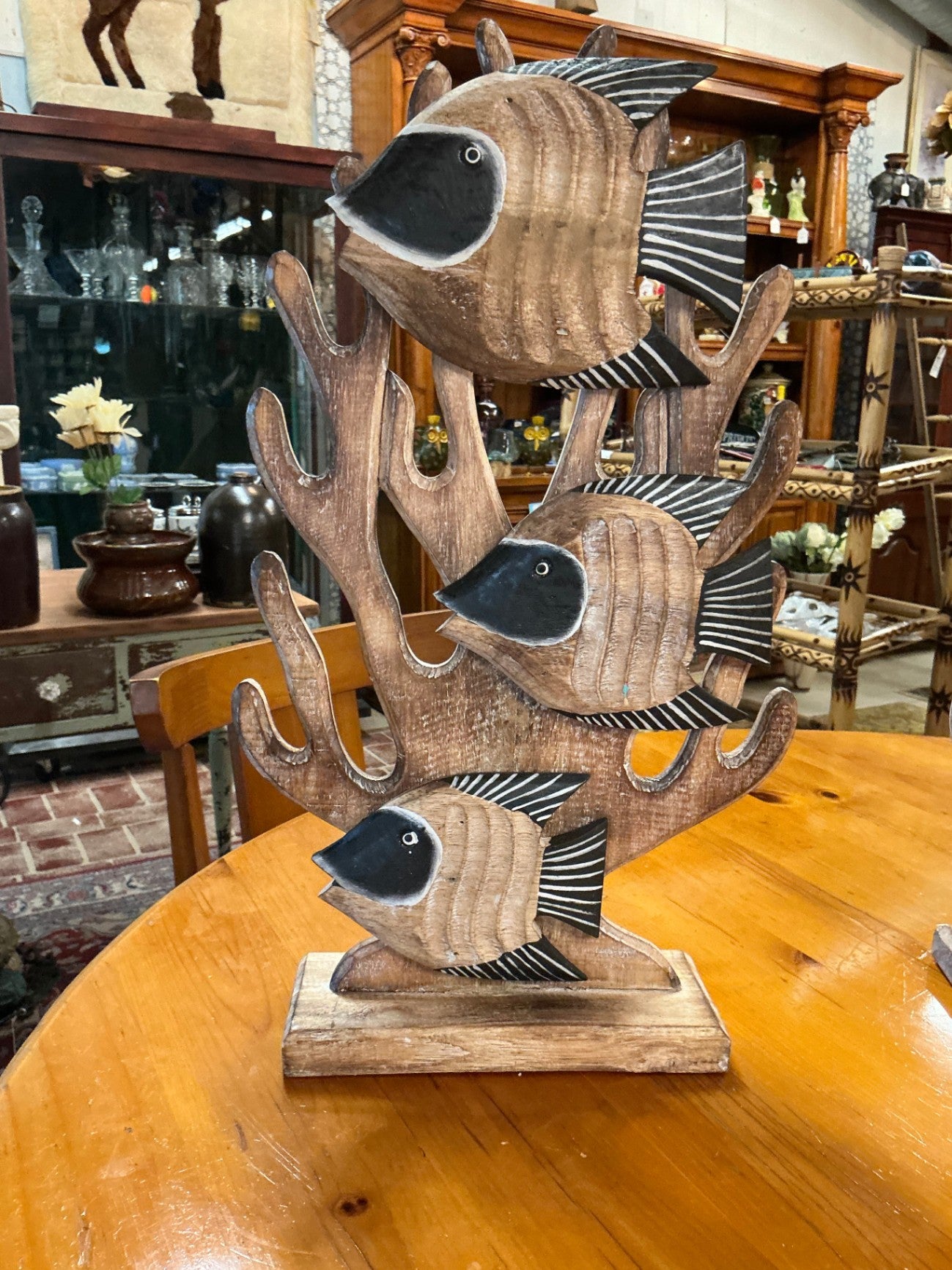 Coral and Fish Decorative sculpture Natural wood tones, blue, black, white Wood and paint