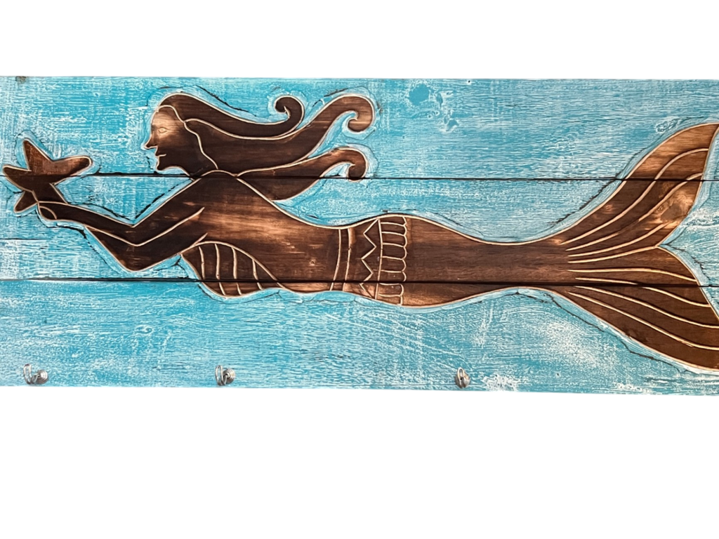 Mermaid Wall Hook Blue and brown Wood