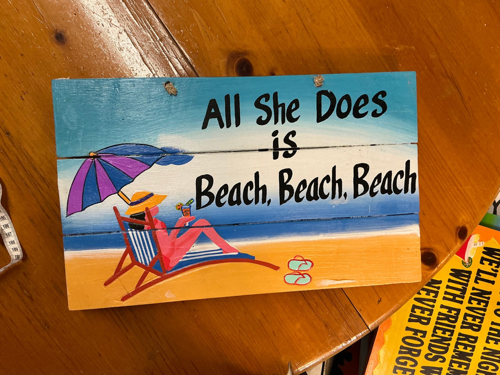 All She Does Is Beach Beach Beach Sign Decorative Wall Hanging Multicolor (blue, purple, orange, pink, yellow, white, black) Wood