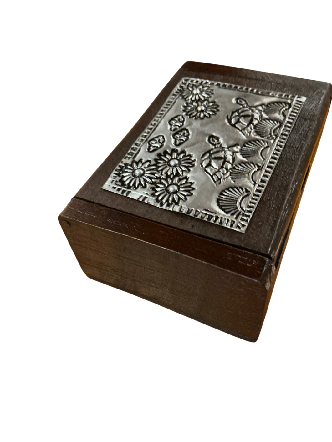Decorative Jewelry Box, Trinket Box Brown and metallic silver Wood and metal measure 3.5" x 2.5" x 1.5"