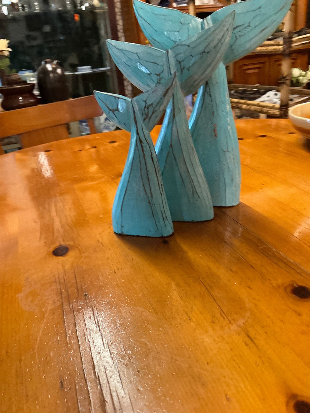 Whales Tail set of Decorative sculpture Turquoise with dark veins Wood