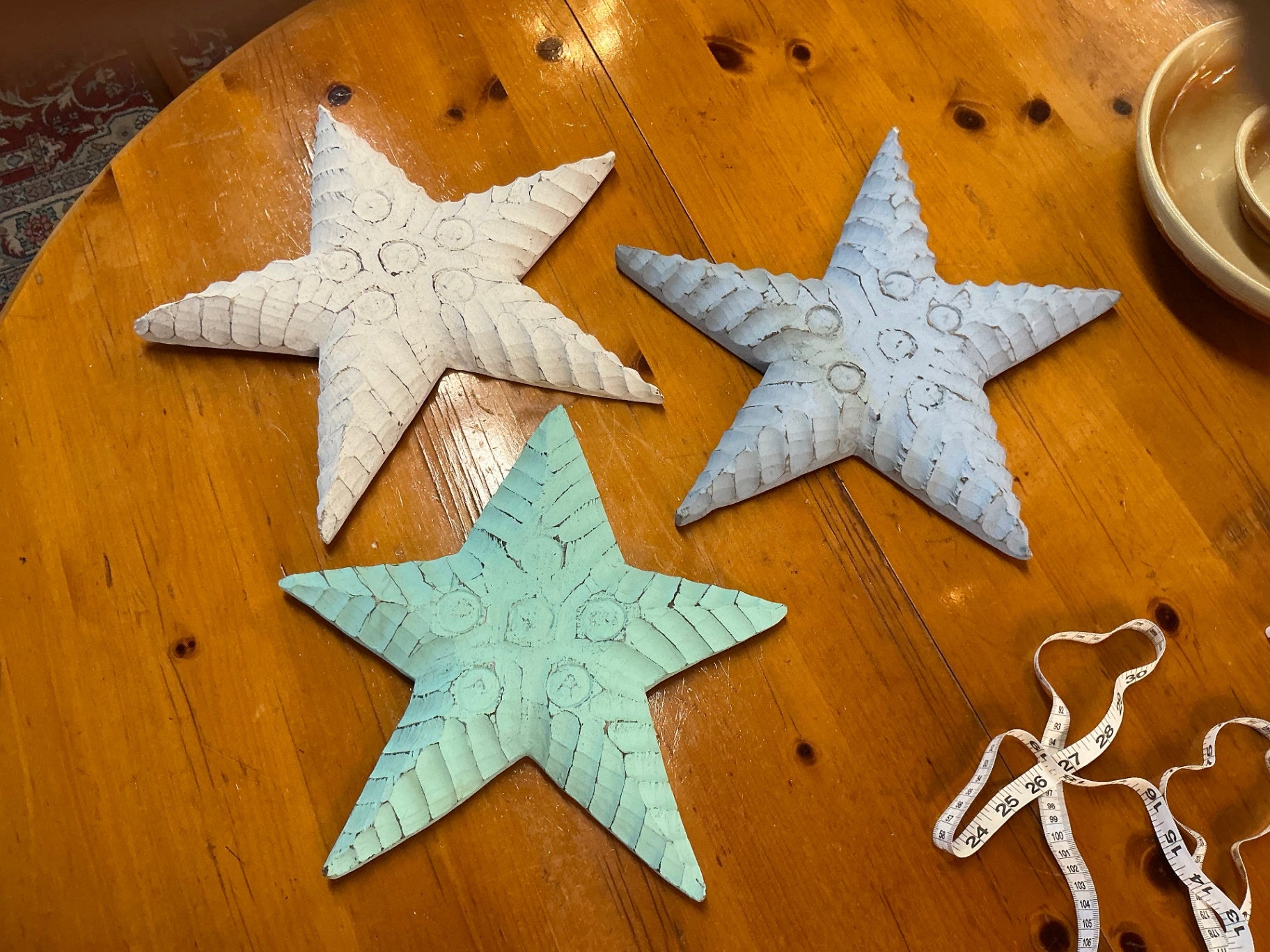 Decorative Wood Starfish Sculpture White, Gray, Mint Green Wood Small