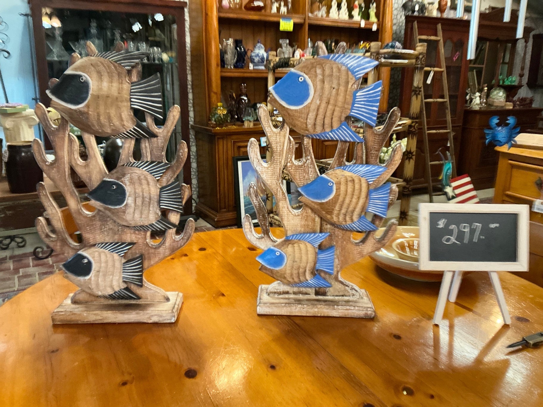 Coral and Fish Decorative sculpture Natural wood tones, blue, black, white Wood and paint