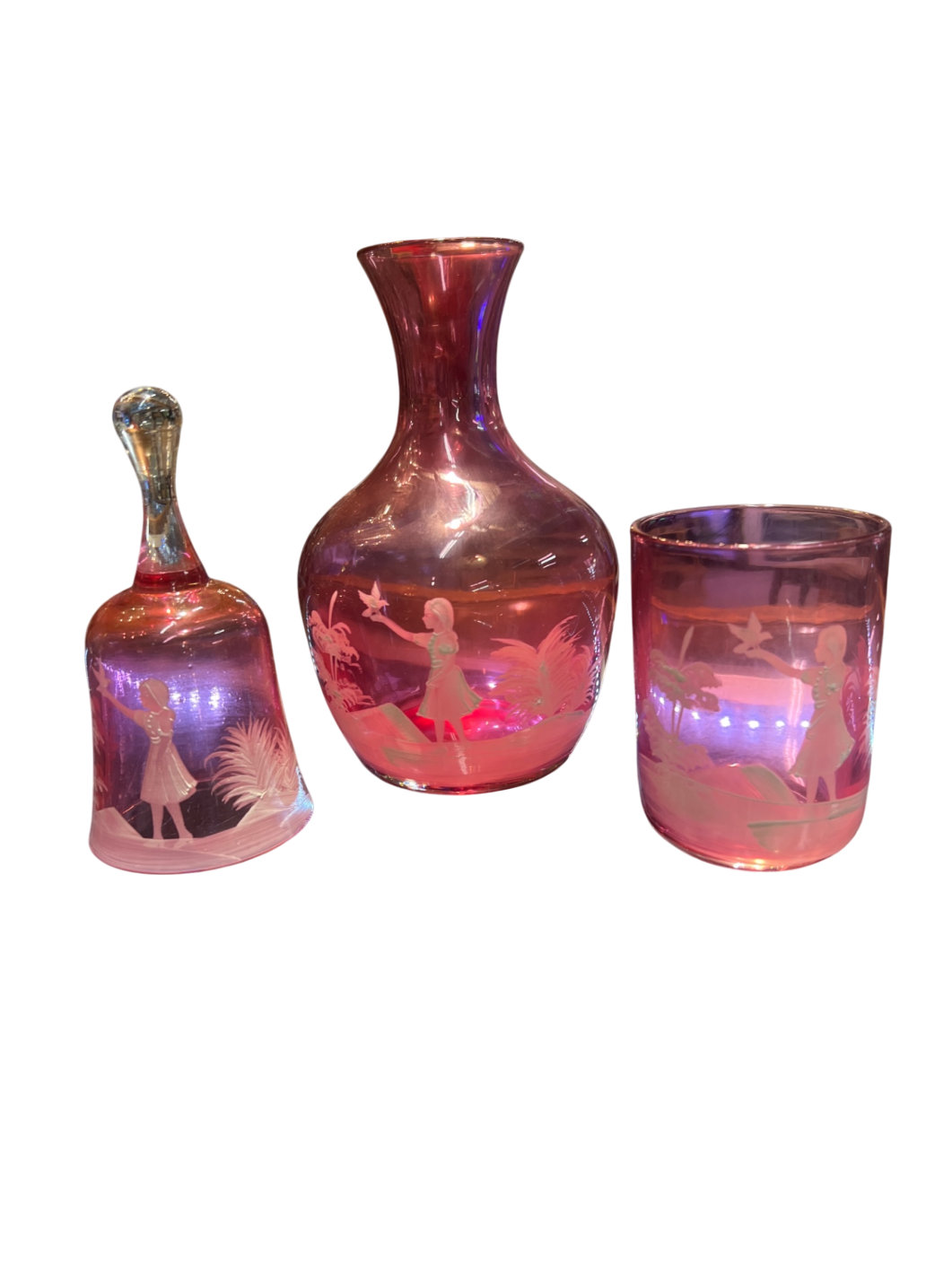 Vase Pink Glass, Cup and Bell