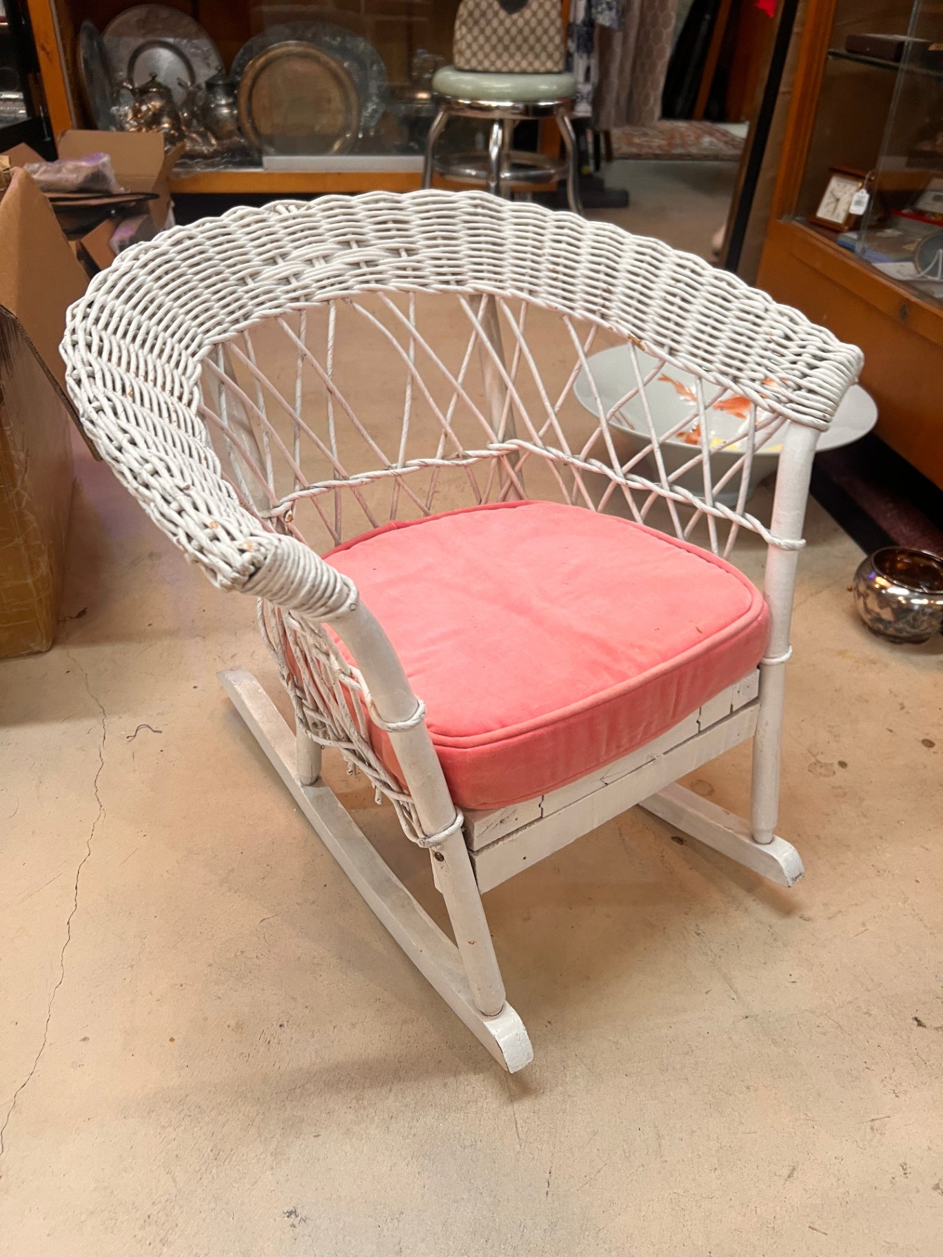 Vintage Child's White Wicker Rocking Chair with Coral Cushion