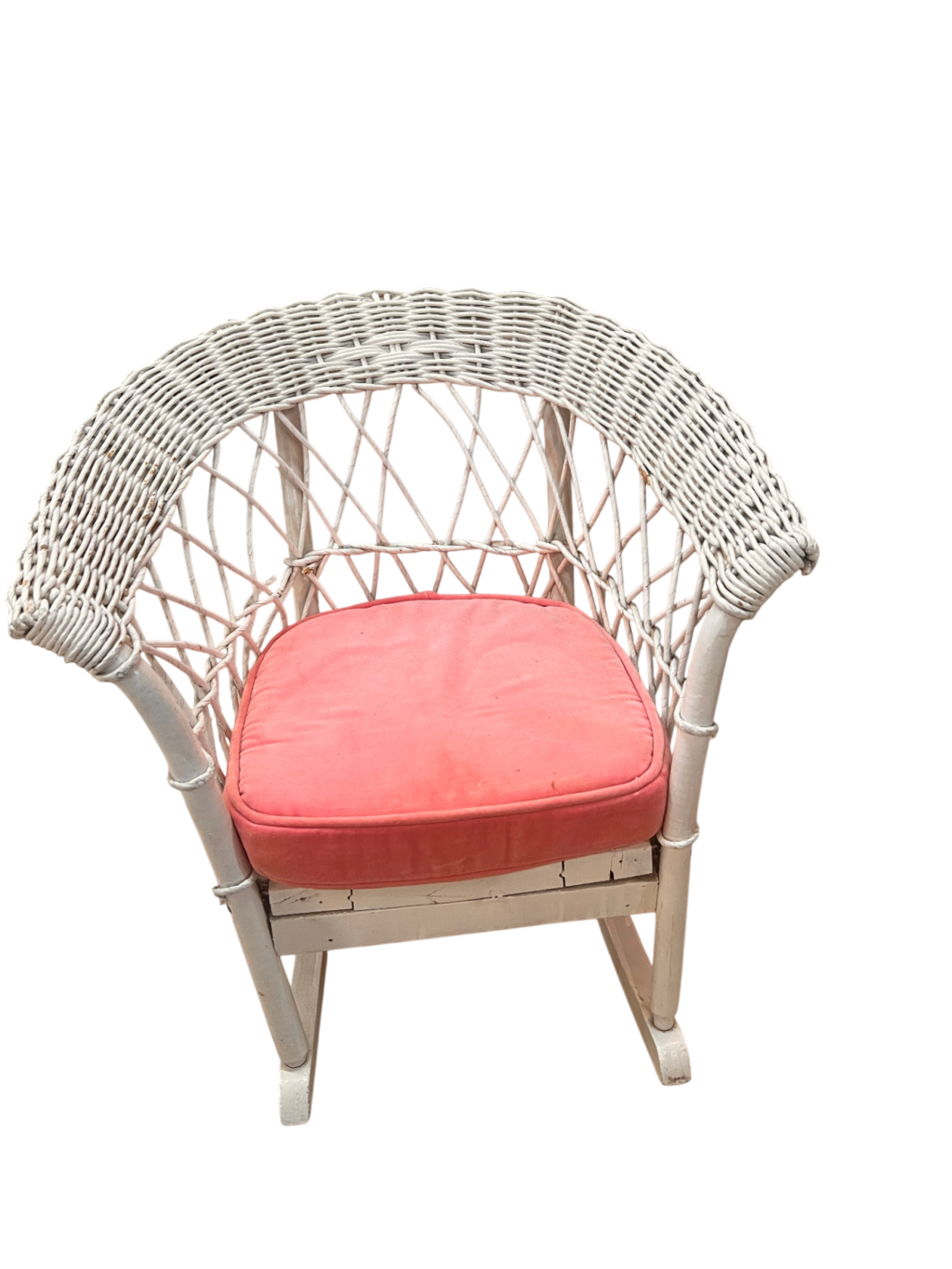 Vintage Child's White Wicker Rocking Chair with Coral Cushion