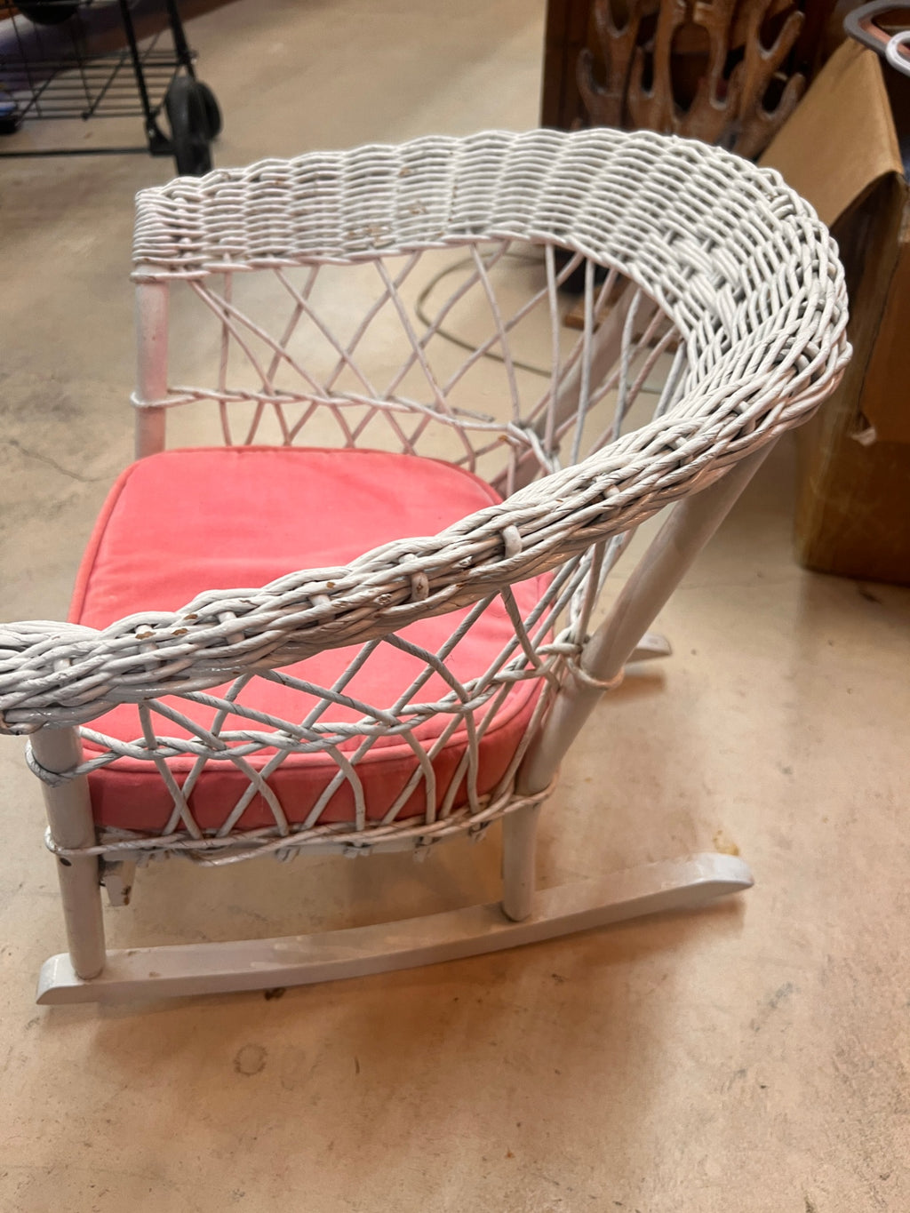 Vintage Child's White Wicker Rocking Chair with Coral Cushion