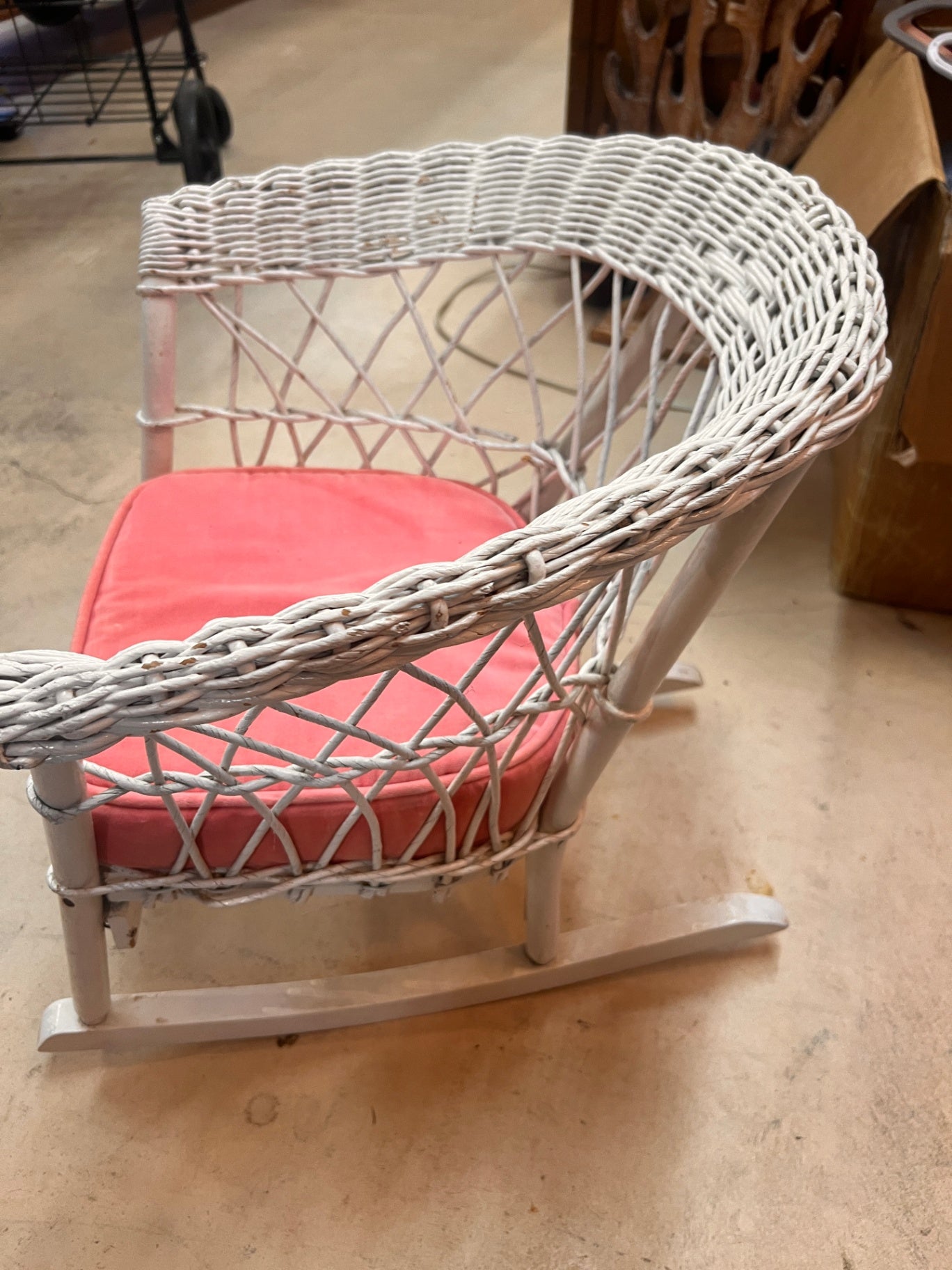Vintage Child's White Wicker Rocking Chair with Coral Cushion