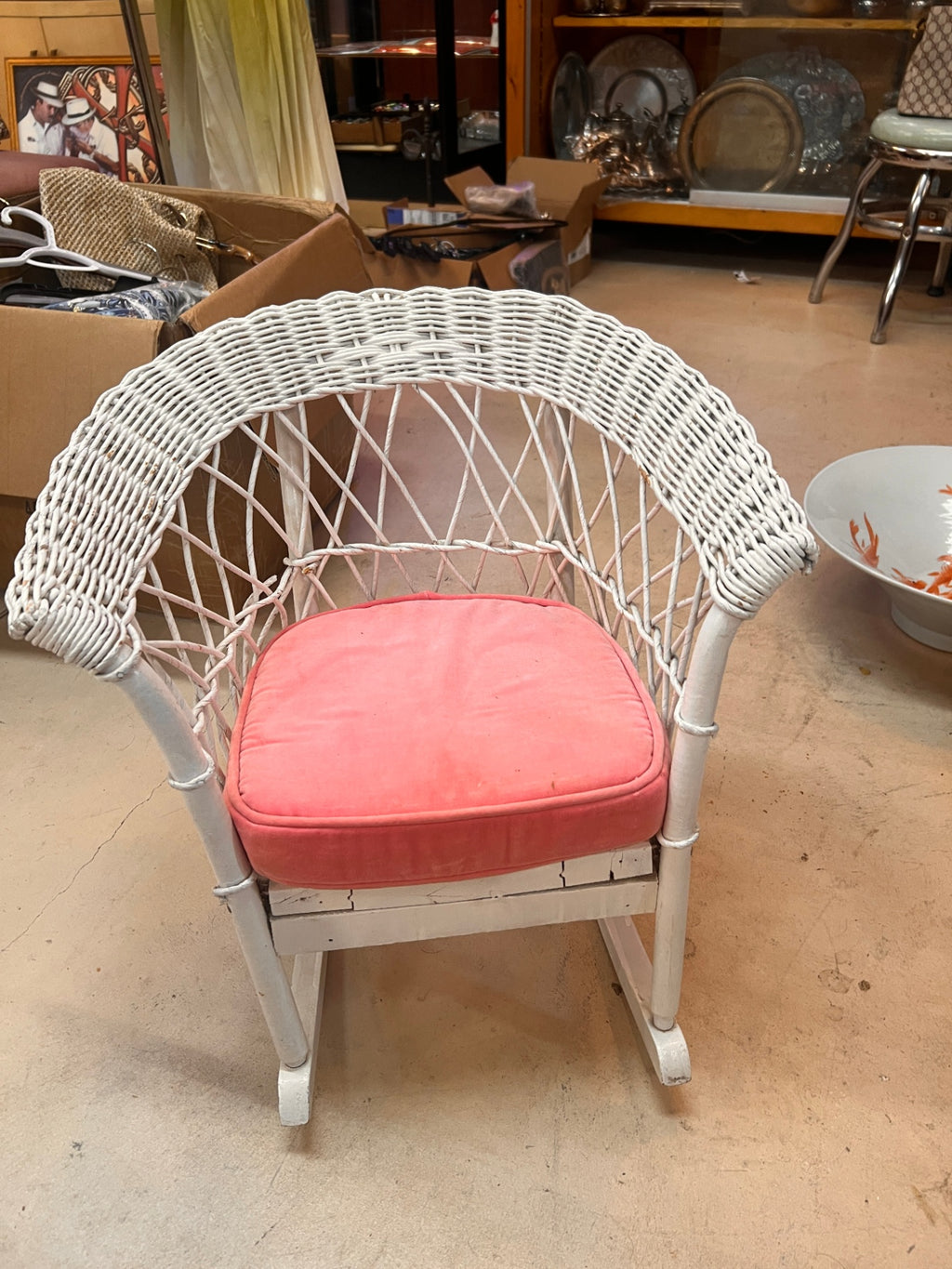 Vintage Child's White Wicker Rocking Chair with Coral Cushion