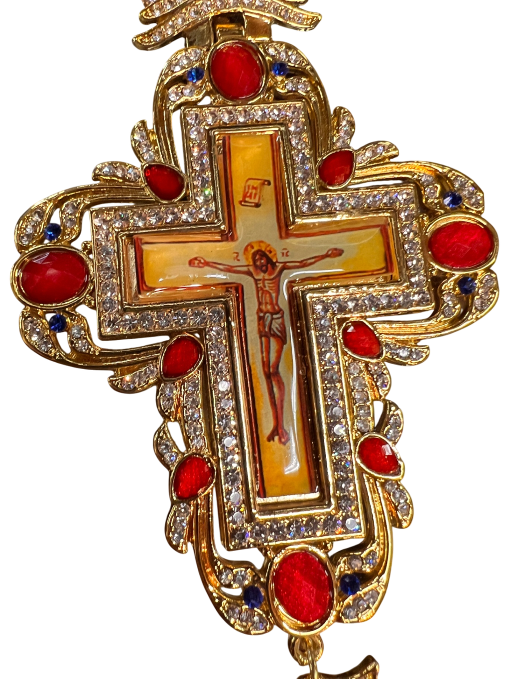 Orthodox Bishop Panagia Pectoral Cross Medallion with Crucifixion Icon – Gold Tone with Red and Blue Accents