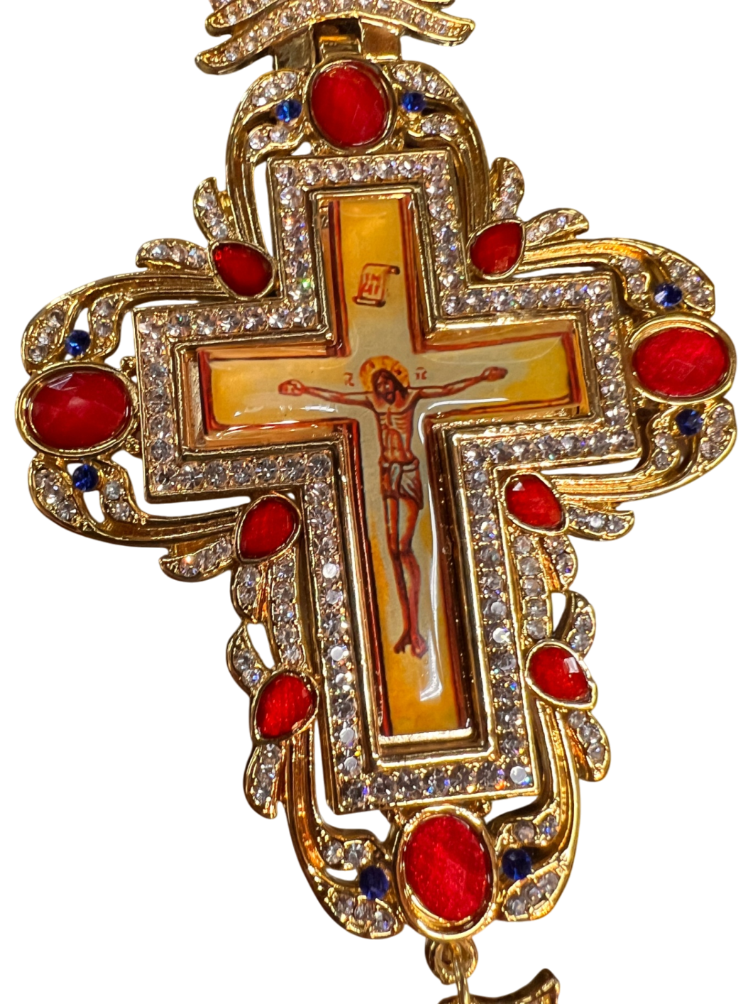 Orthodox Bishop Panagia Pectoral Cross Medallion with Crucifixion Icon – Gold Tone with Red and Blue Accents