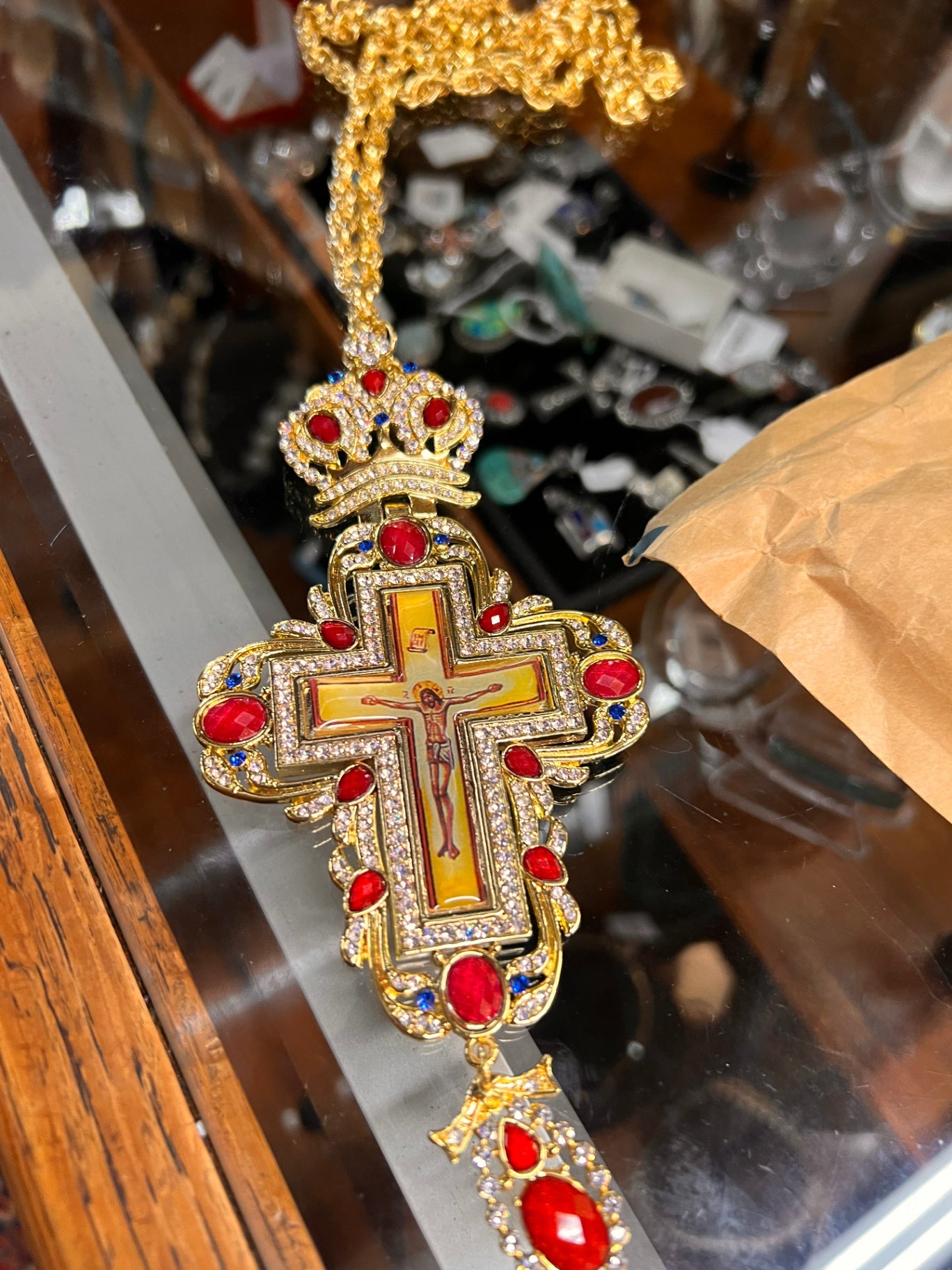 Orthodox Bishop Panagia Pectoral Cross Medallion with Crucifixion Icon – Gold Tone with Red and Blue Accents