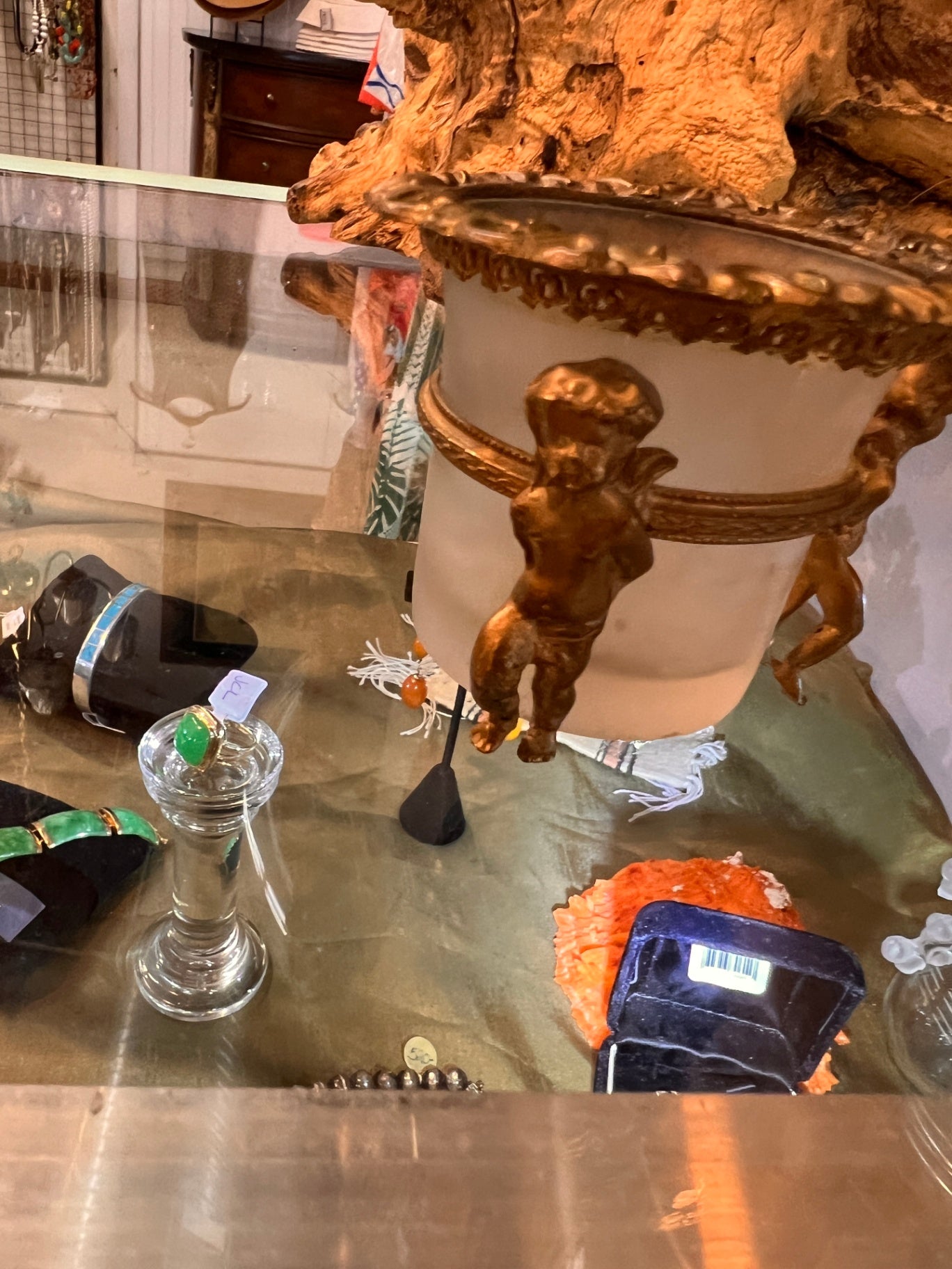 Vintage Frosted Glass & Gilded Bronze Cherub Cachepot Jardinière – Rococo Revival Style