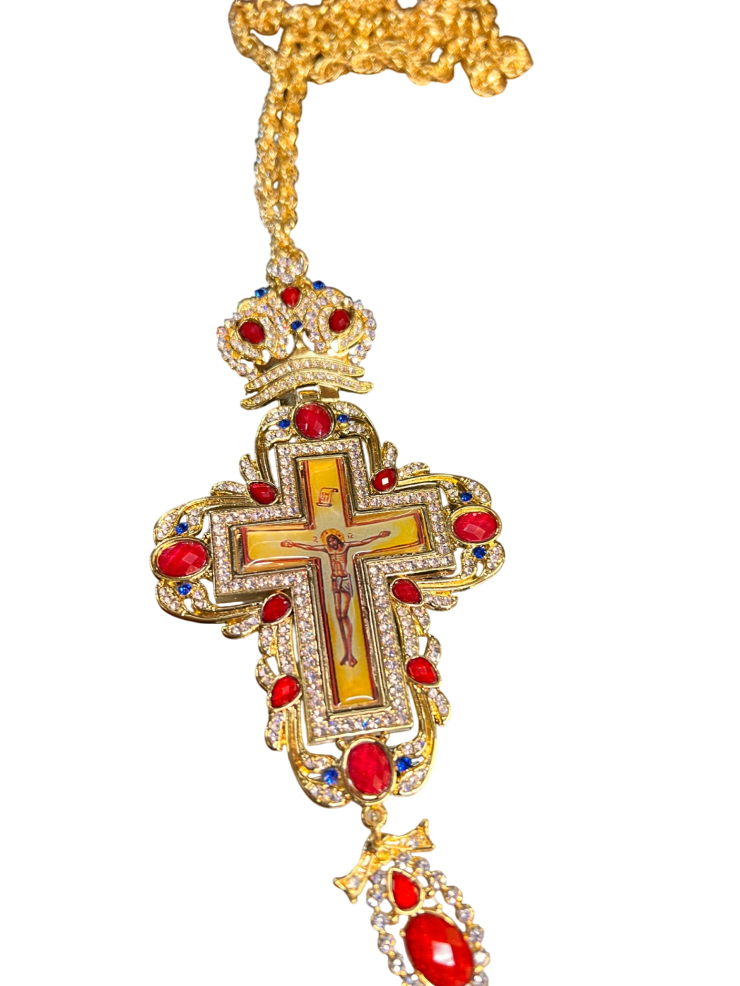 Orthodox Bishop Panagia Pectoral Cross Medallion with Crucifixion Icon – Gold Tone with Red and Blue Accents