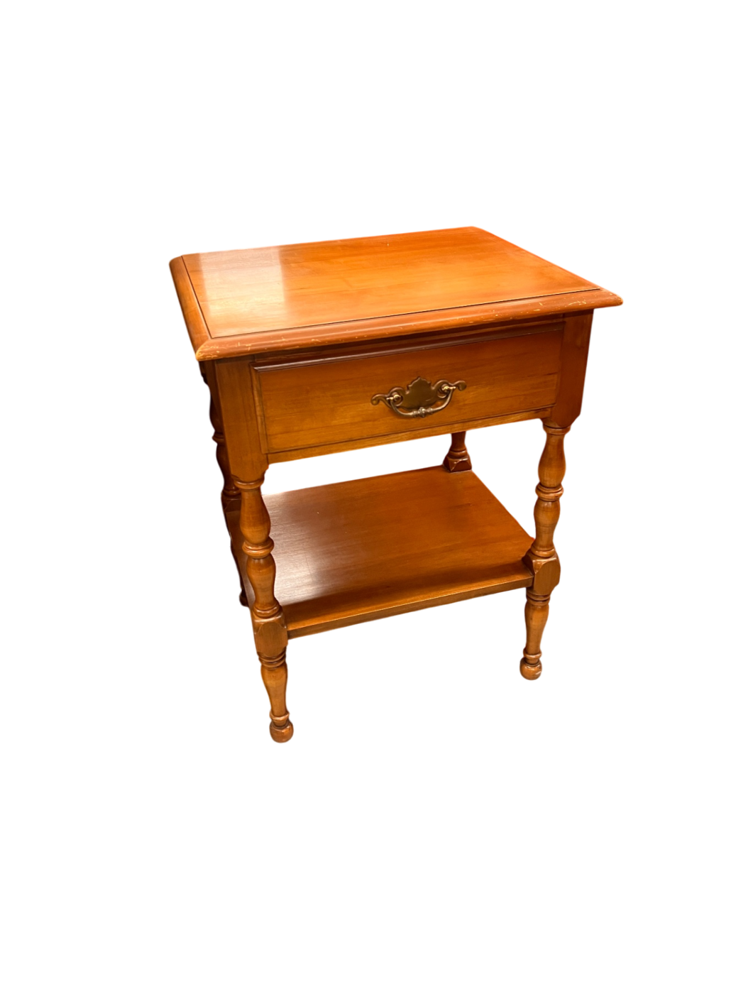 Vintage Maple Nightstand / Side Table – Single Drawer with Brass Pull & Turned Legs