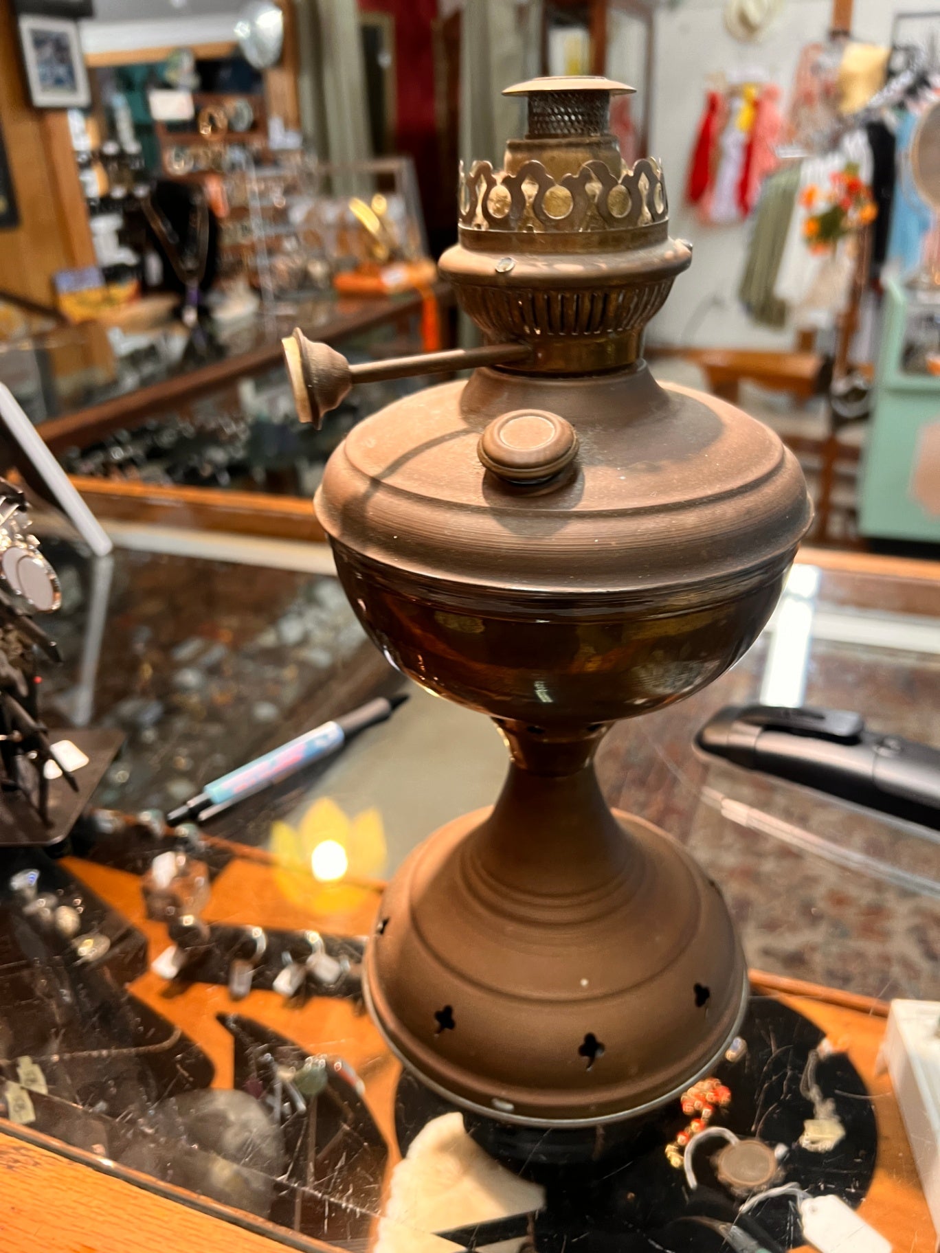 Vintage Brass Kerosene Oil Lamp by Co. MAHTAB – Persian & English Marking