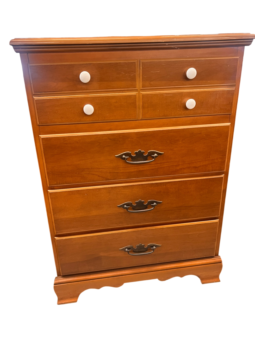 Vintage Colonial Revival Cherry Wood Highboy Dresser – 5 Drawer Chest with Brass Batwing Pulls