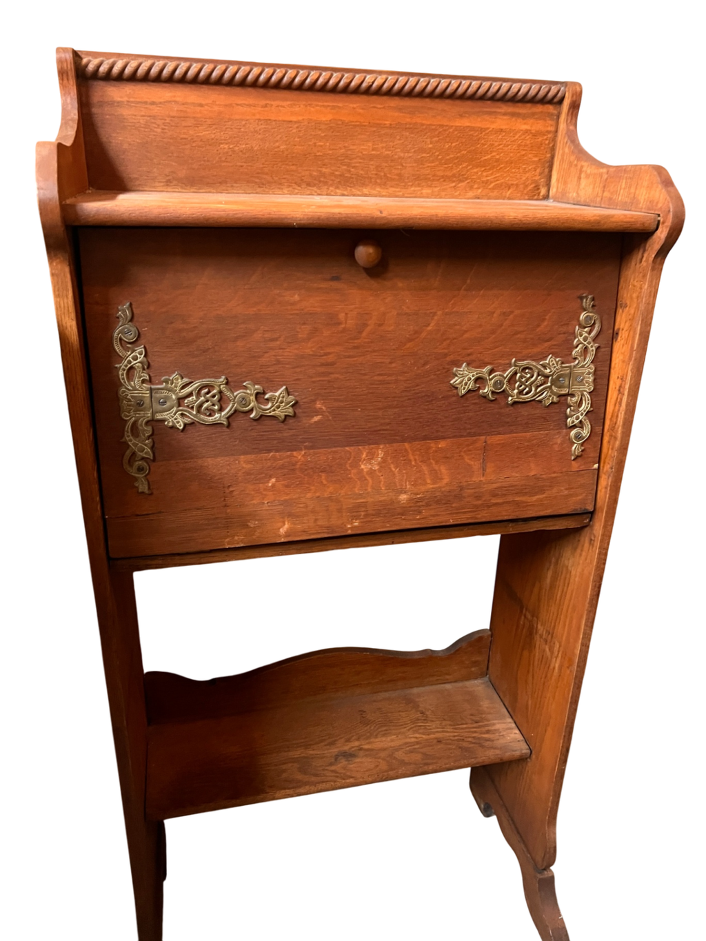 Antique Oak Drop-Front Secretary Desk with Brass Hardware – Early 20th Century