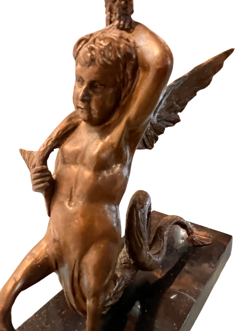 Antique Style Bronze Winged Cherub Candle Holder – Serpentine Base on Marble Stand