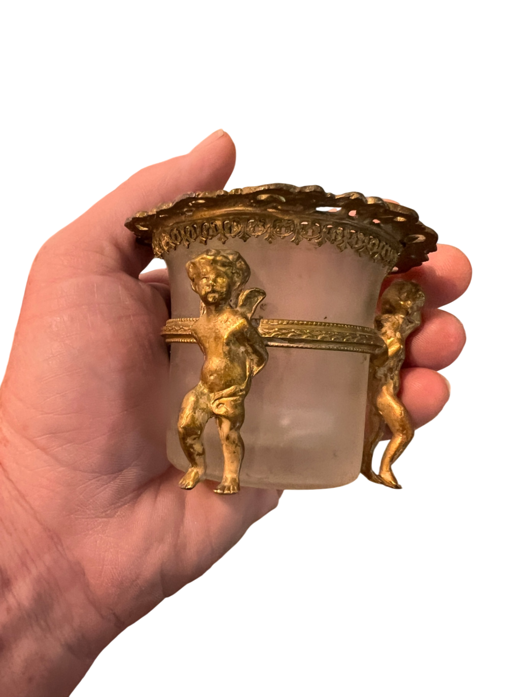 Vintage Frosted Glass & Gilded Bronze Cherub Cachepot Jardinière – Rococo Revival Style