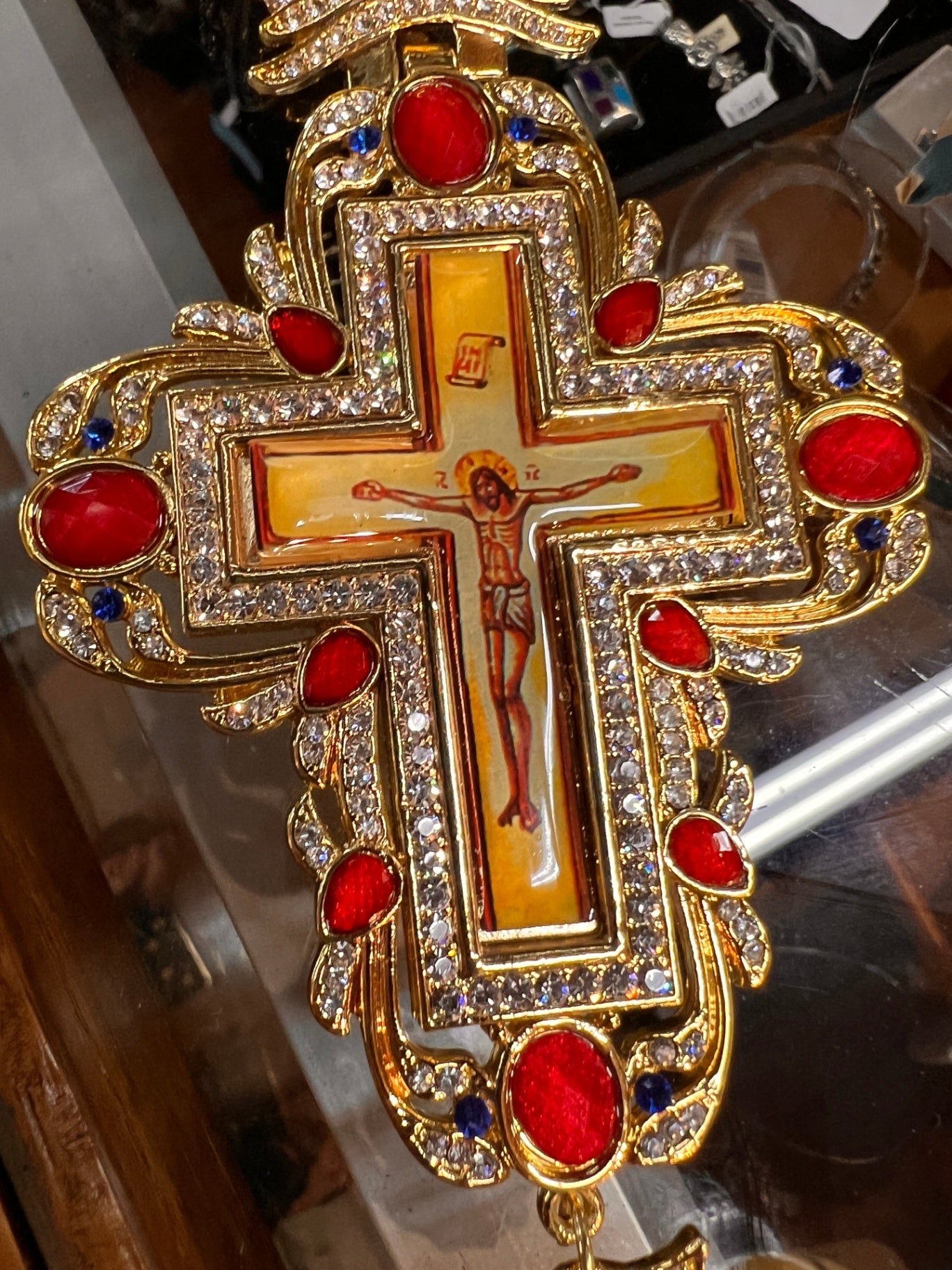 Orthodox Bishop Panagia Pectoral Cross Medallion with Crucifixion Icon – Gold Tone with Red and Blue Accents