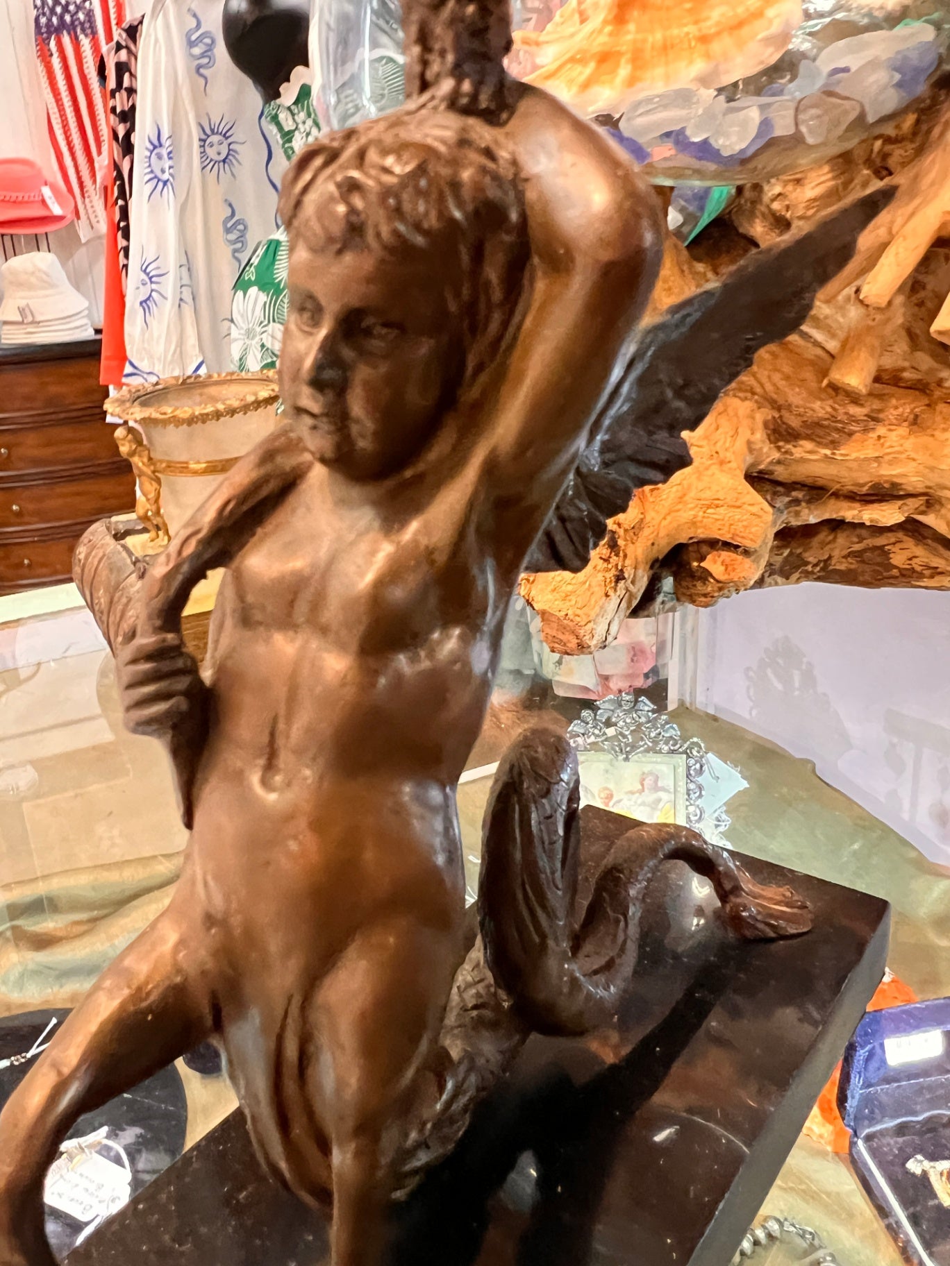 Antique Style Bronze Winged Cherub Candle Holder – Serpentine Base on Marble Stand