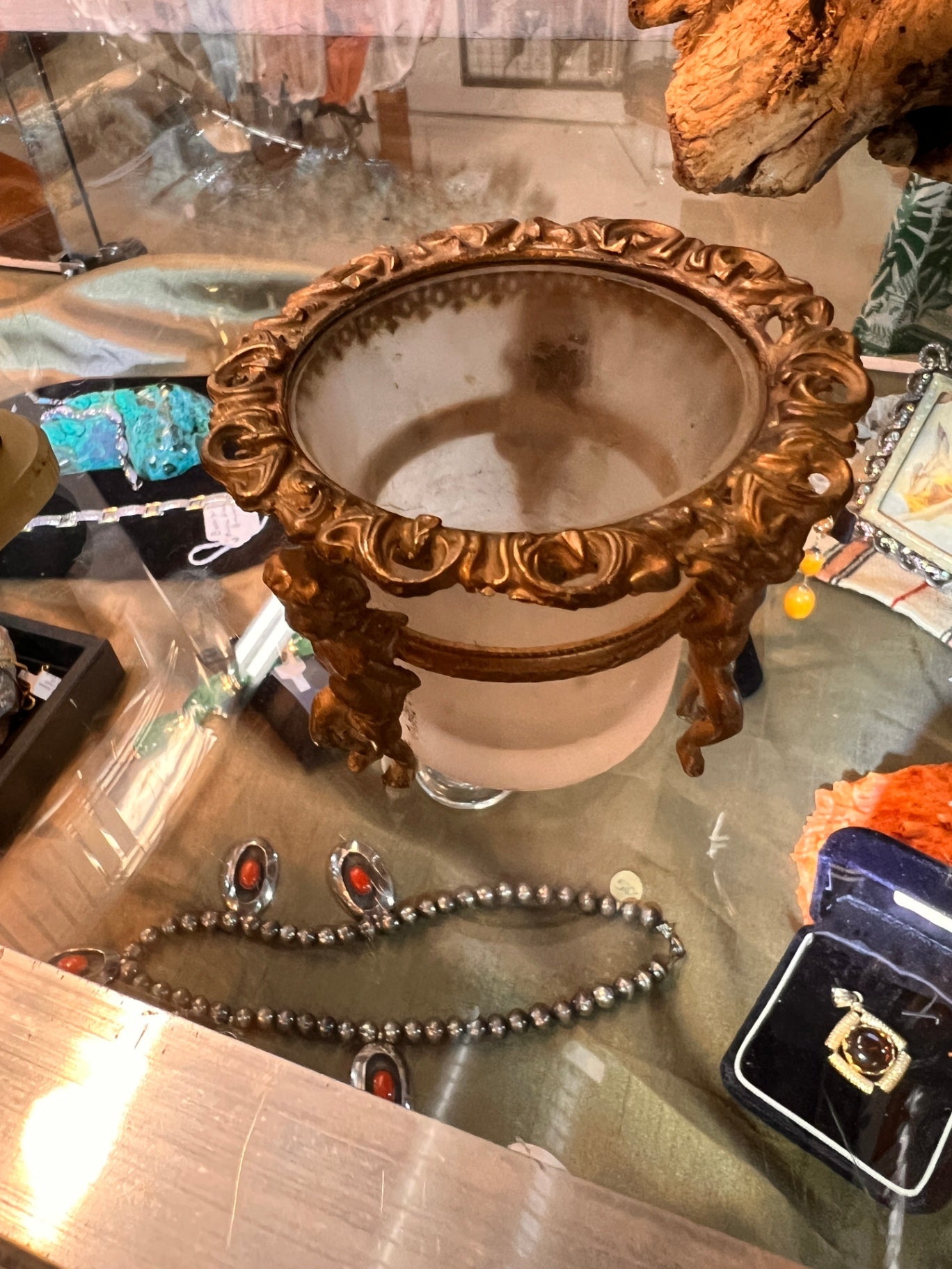 Vintage Frosted Glass & Gilded Bronze Cherub Cachepot Jardinière – Rococo Revival Style