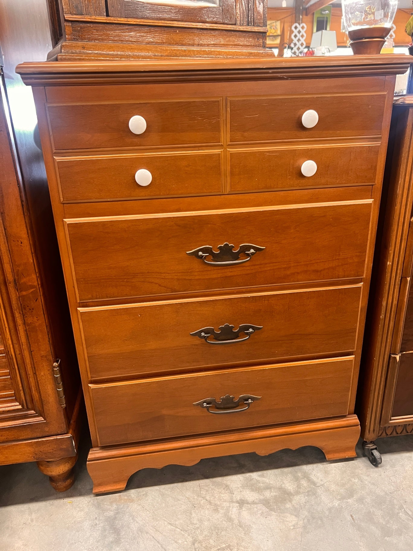 Vintage Colonial Revival Cherry Wood Highboy Dresser – 5 Drawer Chest with Brass Batwing Pulls