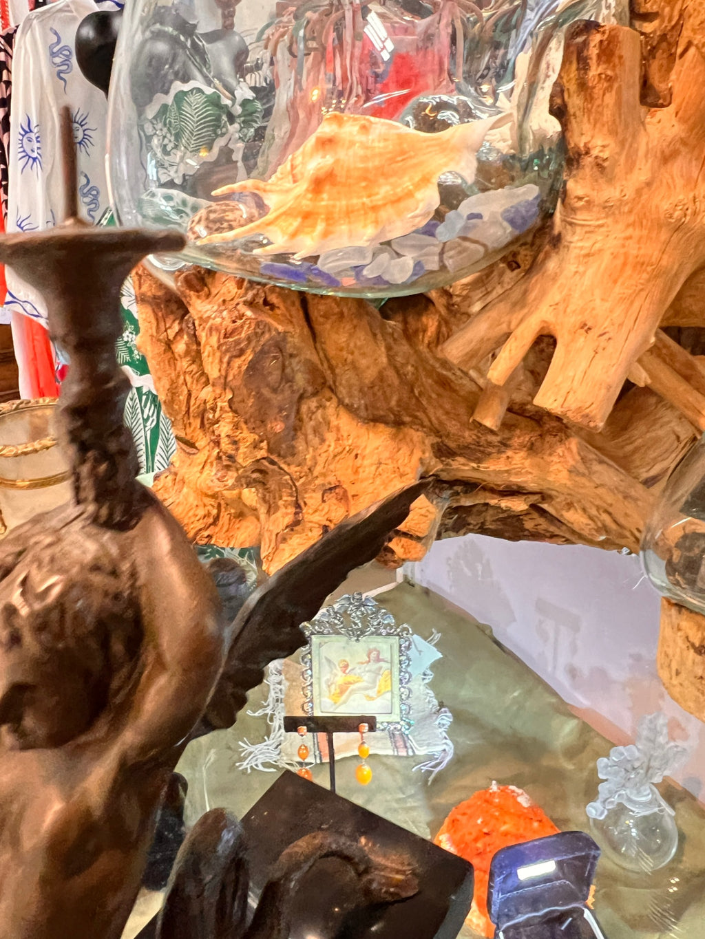 Antique Style Bronze Winged Cherub Candle Holder – Serpentine Base on Marble Stand