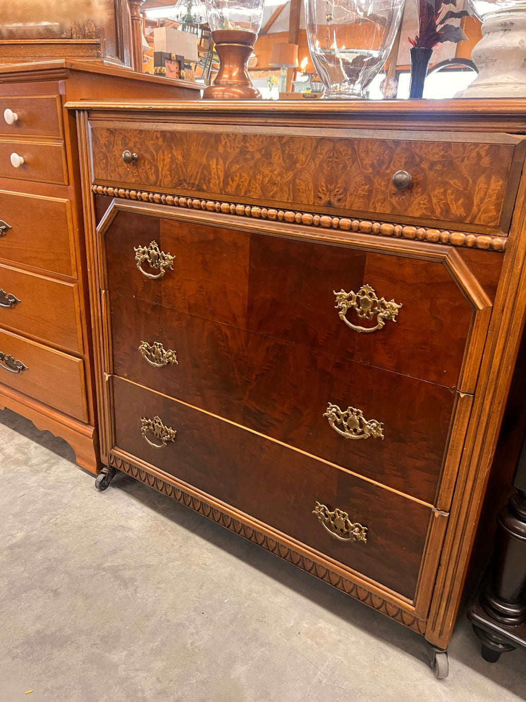 Antique Art Deco Waterfall Dresser – Burled Wood Veneer with Carved Details & Brass Pulls (Circa 1930s–1940s)