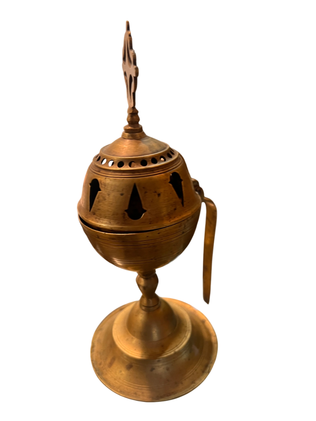 Antique Orthodox Brass Censer – Handcrafted Church Incense Burner with Cross Finial Bronze Metal