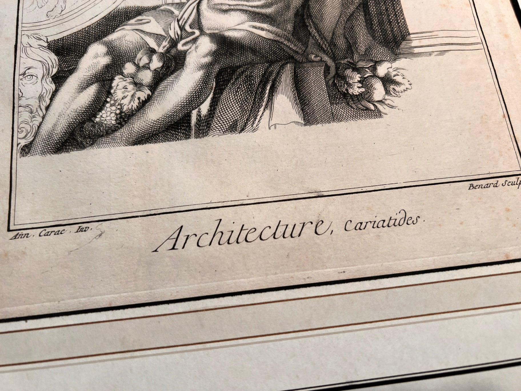 Antique Neoclassical Ink Drawing "Architecture, Cariatides" After Diderot Encyclopedie, Framed