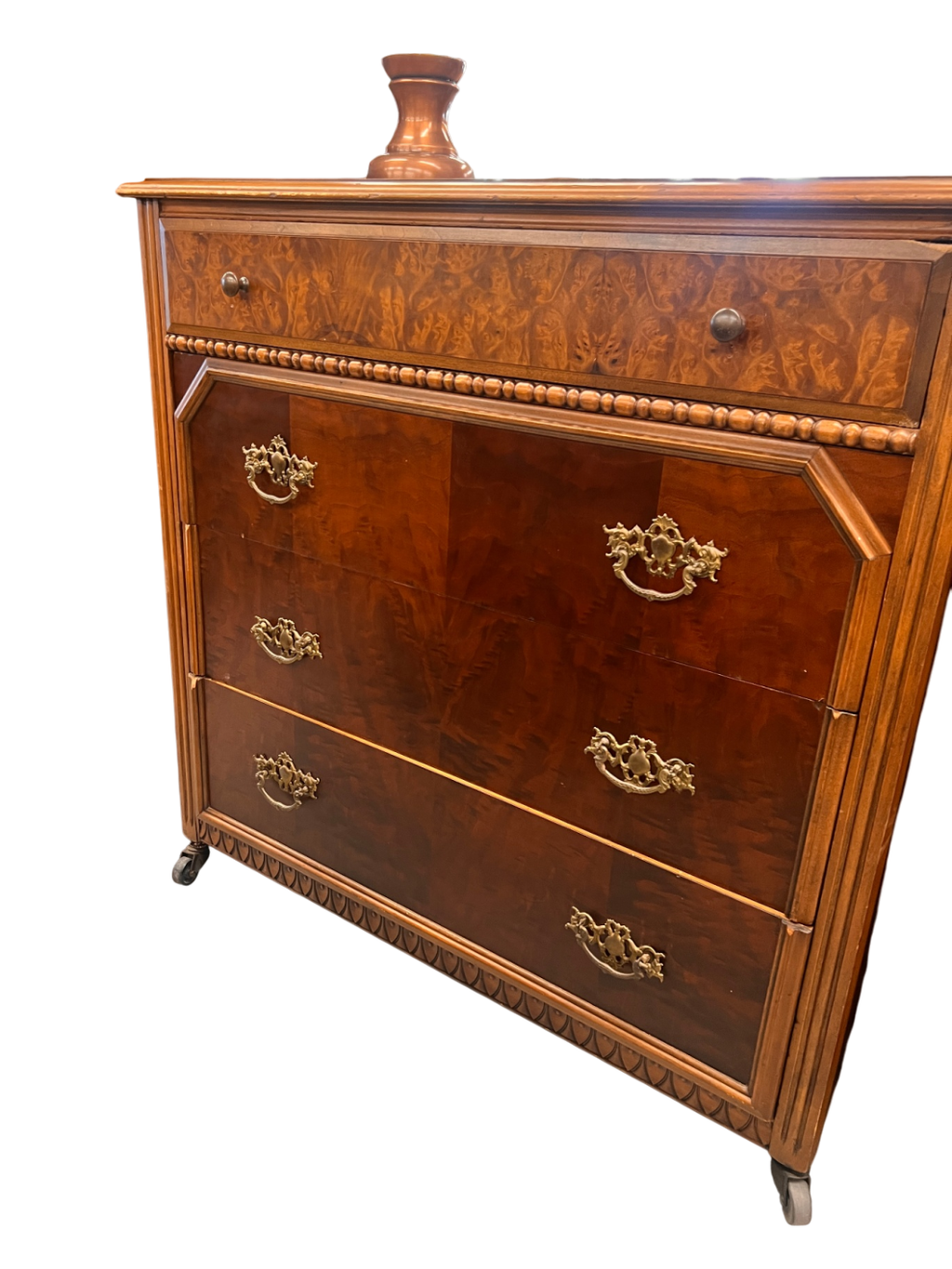 Antique Art Deco Waterfall Dresser – Burled Wood Veneer with Carved Details & Brass Pulls (Circa 1930s–1940s)